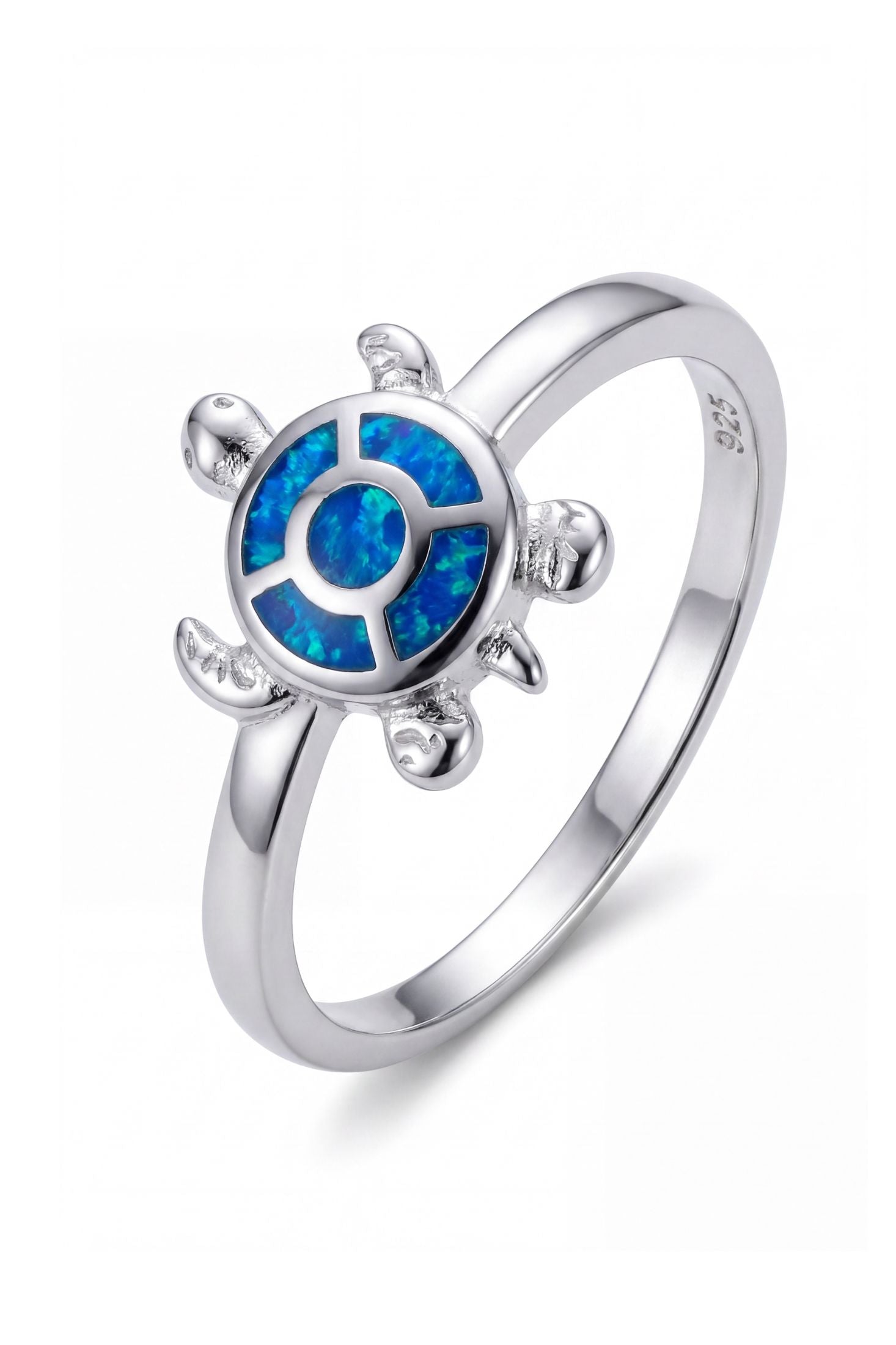 Front view of Turtle Blue Opalite Ring Silver, showing sun design, opalite detailing, silver finish.