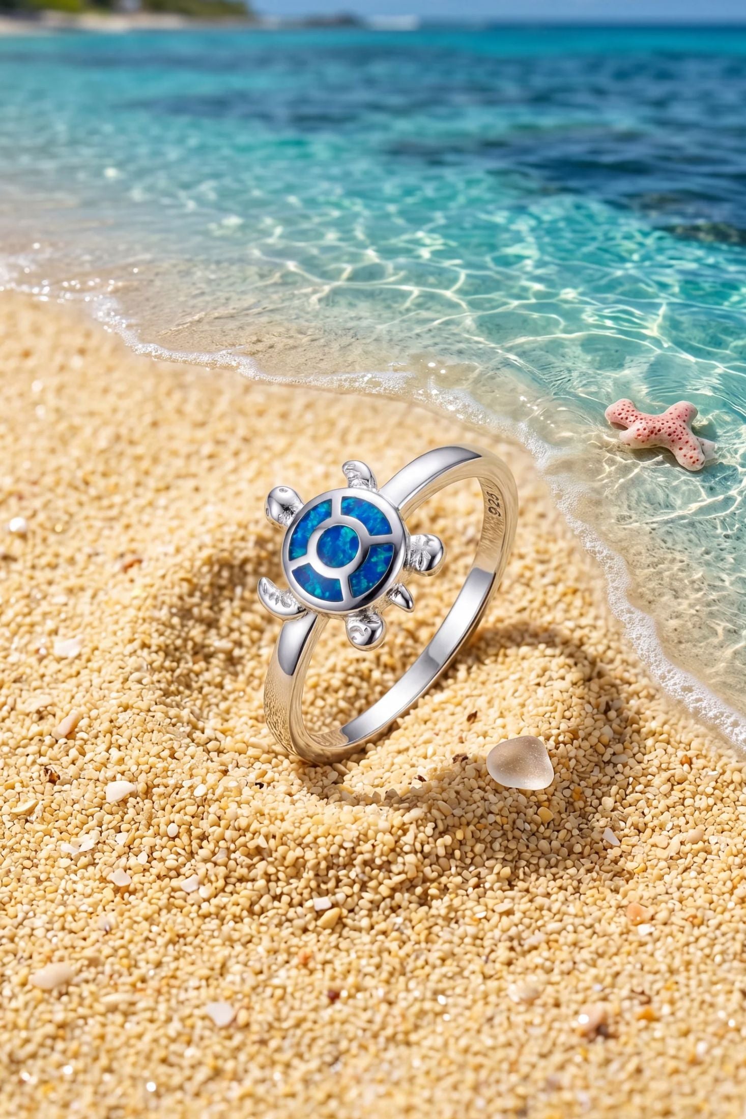 Turtle Blue Opalite Ring Silver worn by a model, showing how it looks when worn and its scale.