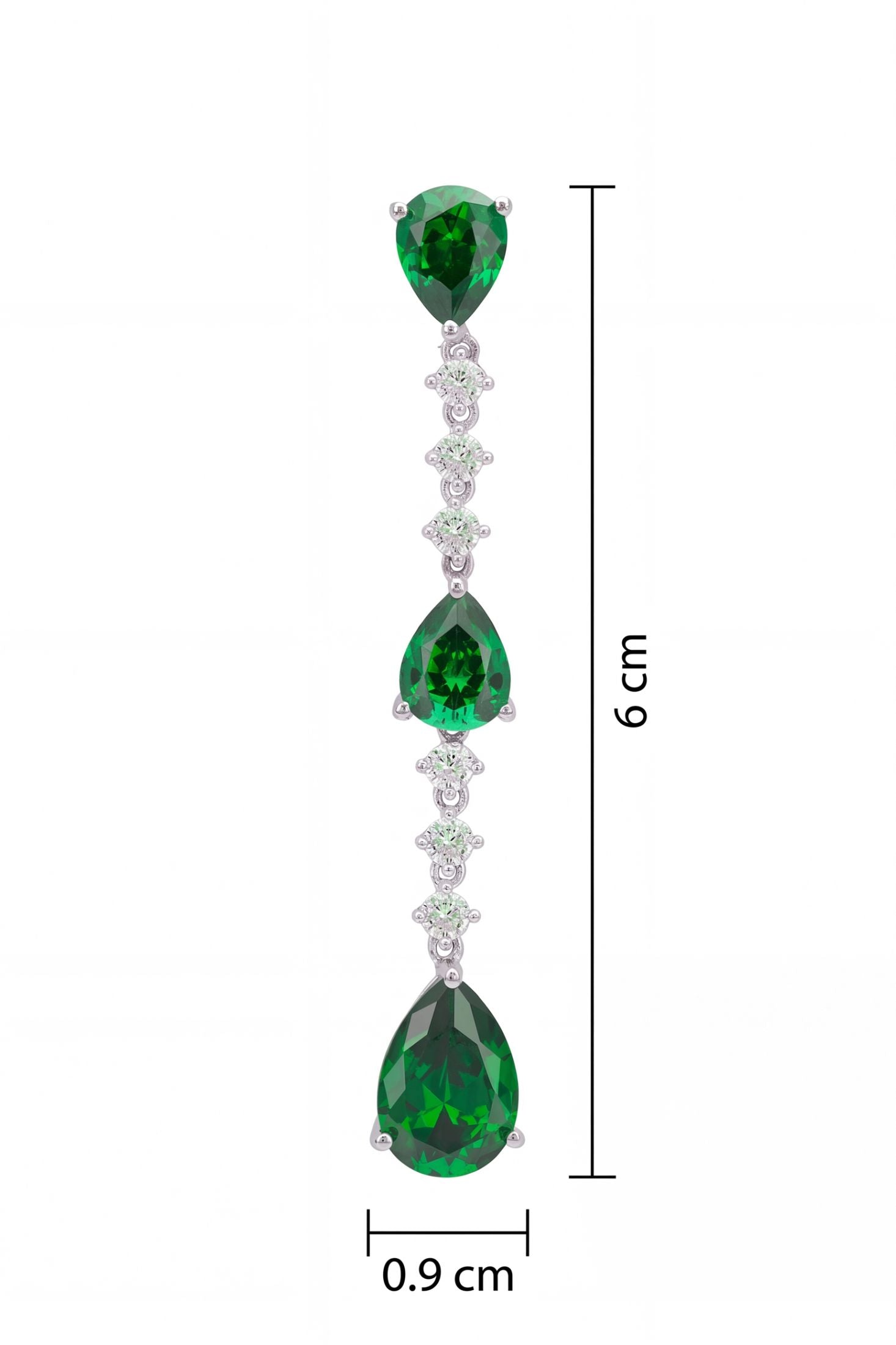 Elizabeth Drop Earrings Emerald Silver worn by a model, showing how they sit on the ear and their scale.