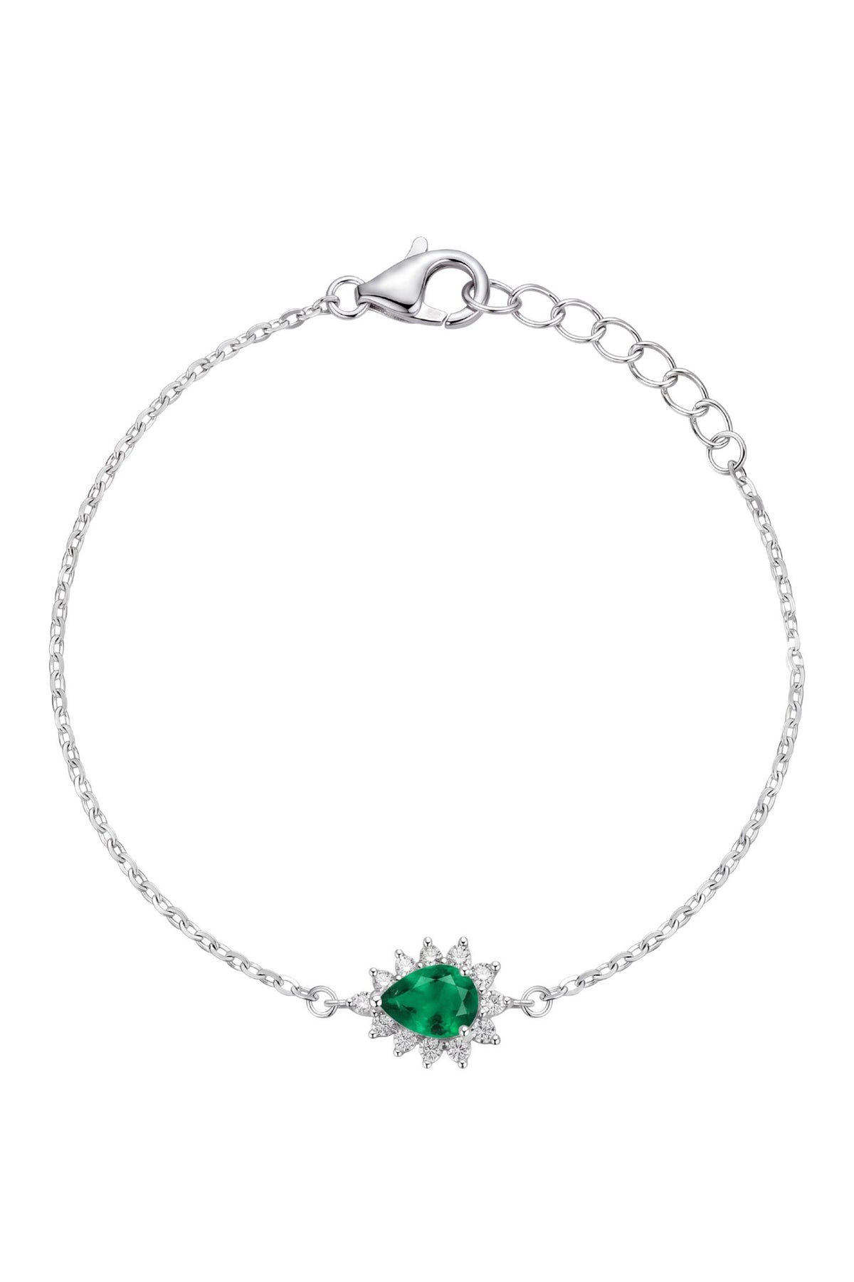Phillippa Bracelet Emerald Silver worn by a model, showing how it fits on the wrist and its scale.