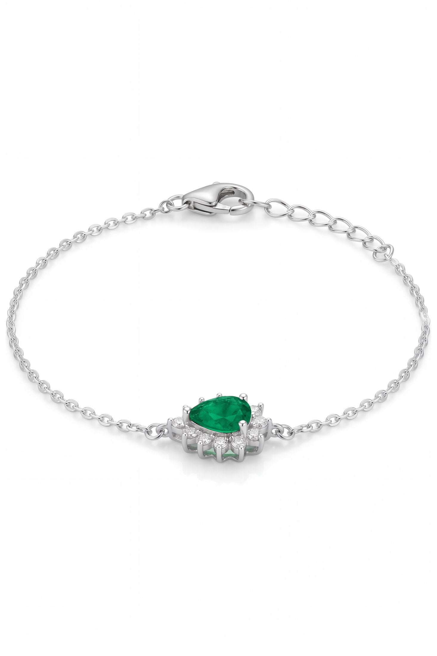 Front view of Phillippa Bracelet Emerald Silver, showing cat design, cubic zirconia and zirconia detailing, silver finish.