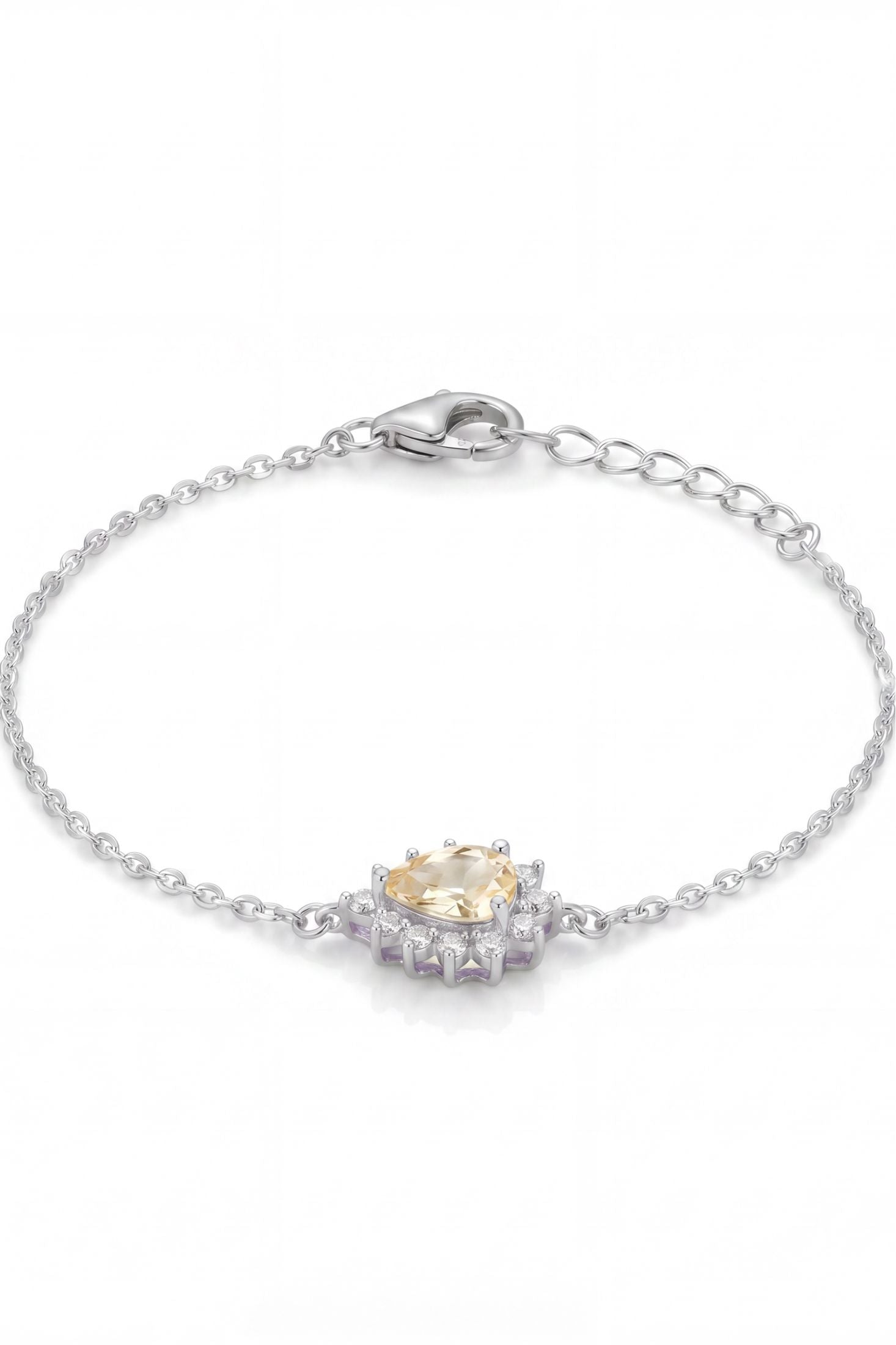 Front view of Phillippa Bracelet Yellow Topaz Silver, showing sun design, cubic zirconia and zirconia detailing, gold finish.