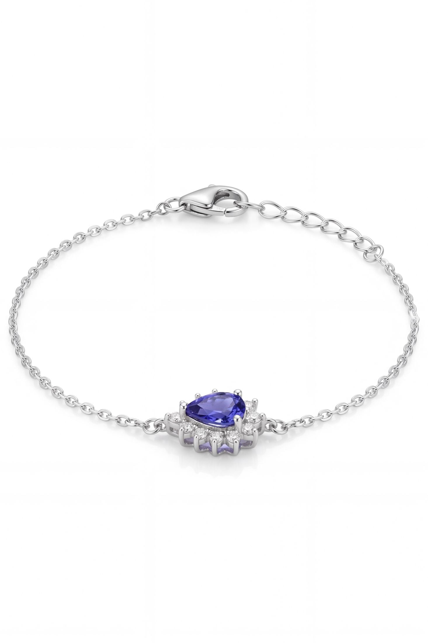 Front view of Phillippa Bracelet Tanzanite Silver, showing cat design, cubic zirconia and zirconia detailing, silver finish.