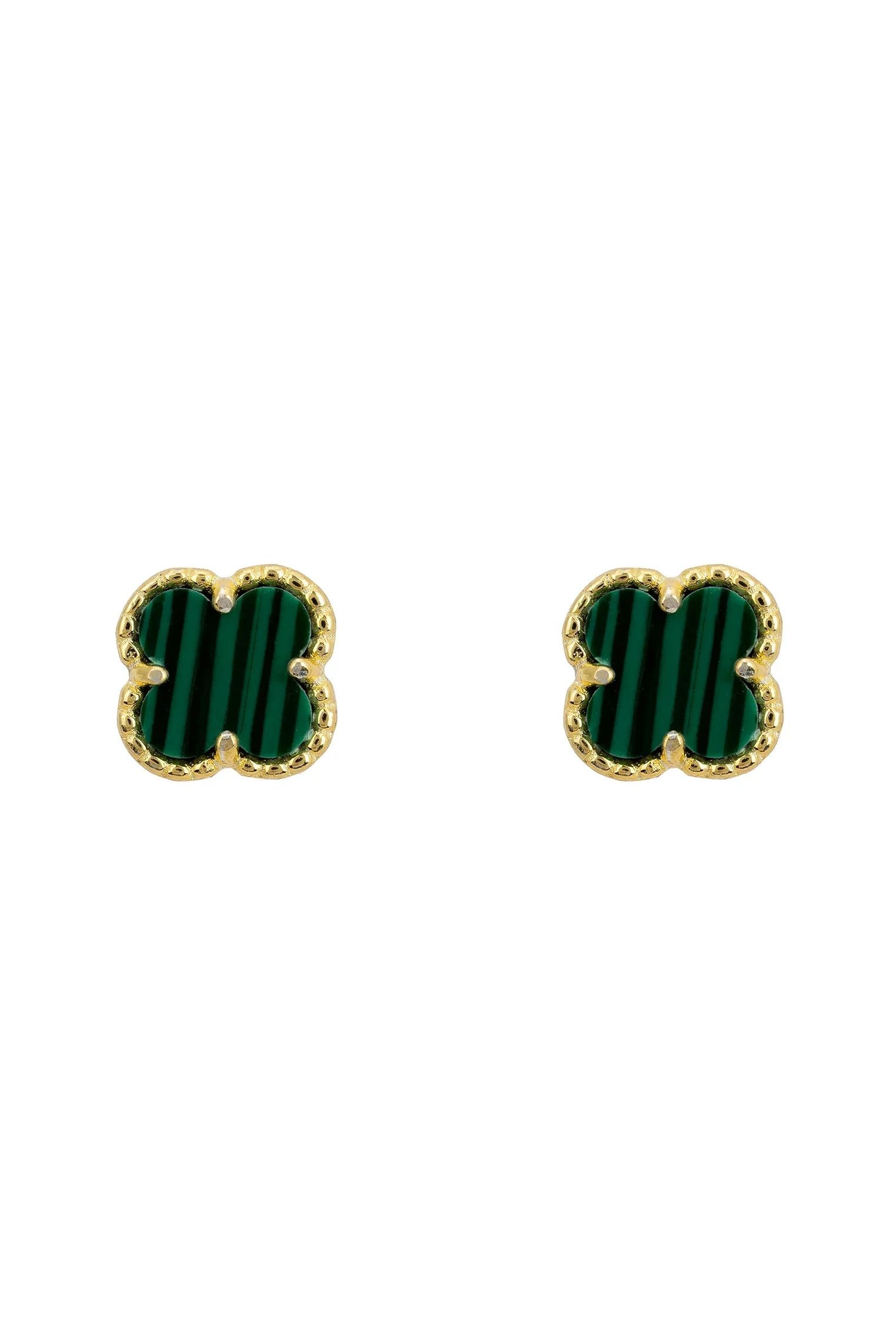 Green stone clover gold stud earrings.