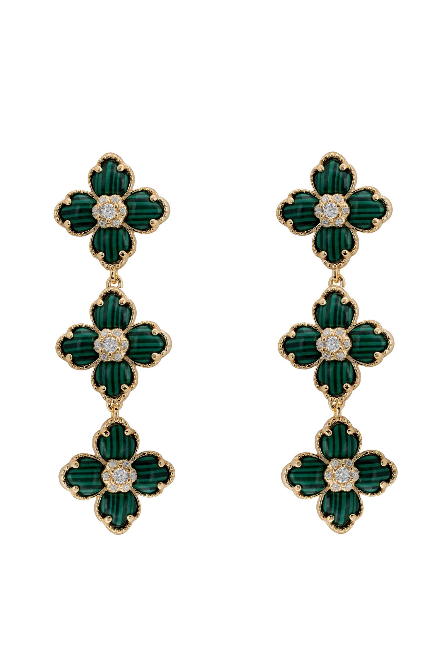 Flower Clover Triple Drop Earrings Malachite Gold