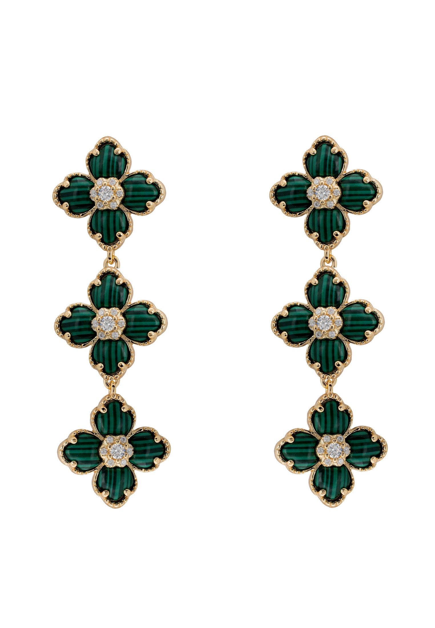 Flower Clover Triple Drop Earrings Malachite Gold
