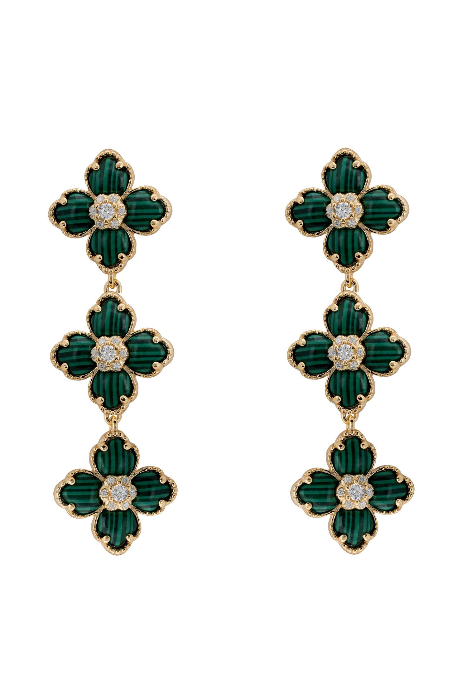 Pair of green floral earrings with gold accents on a white background