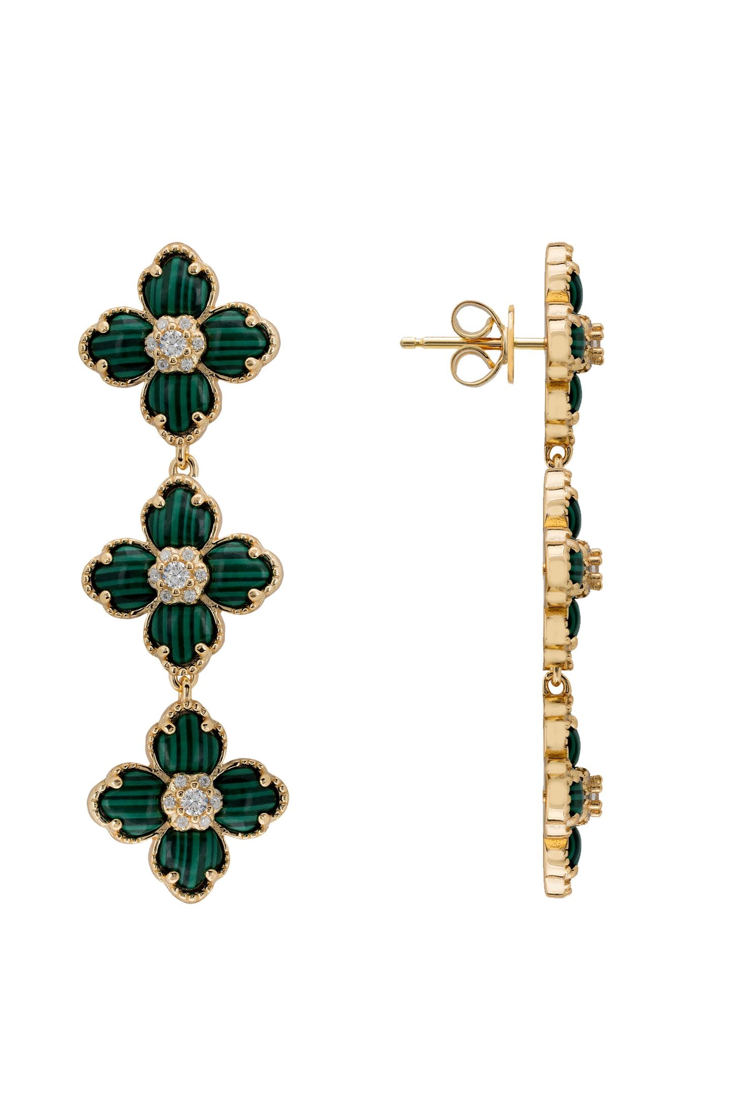 Gold earrings with green floral designs and green gemstones on a white background
