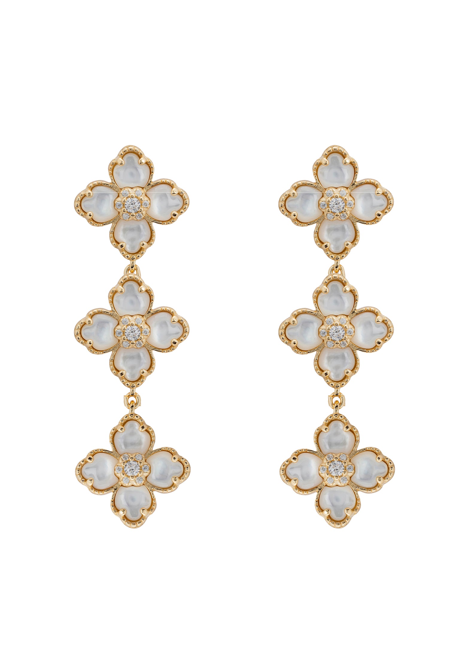 Flower Clover Triple Drop Earrings Mother Of Pearl Gold