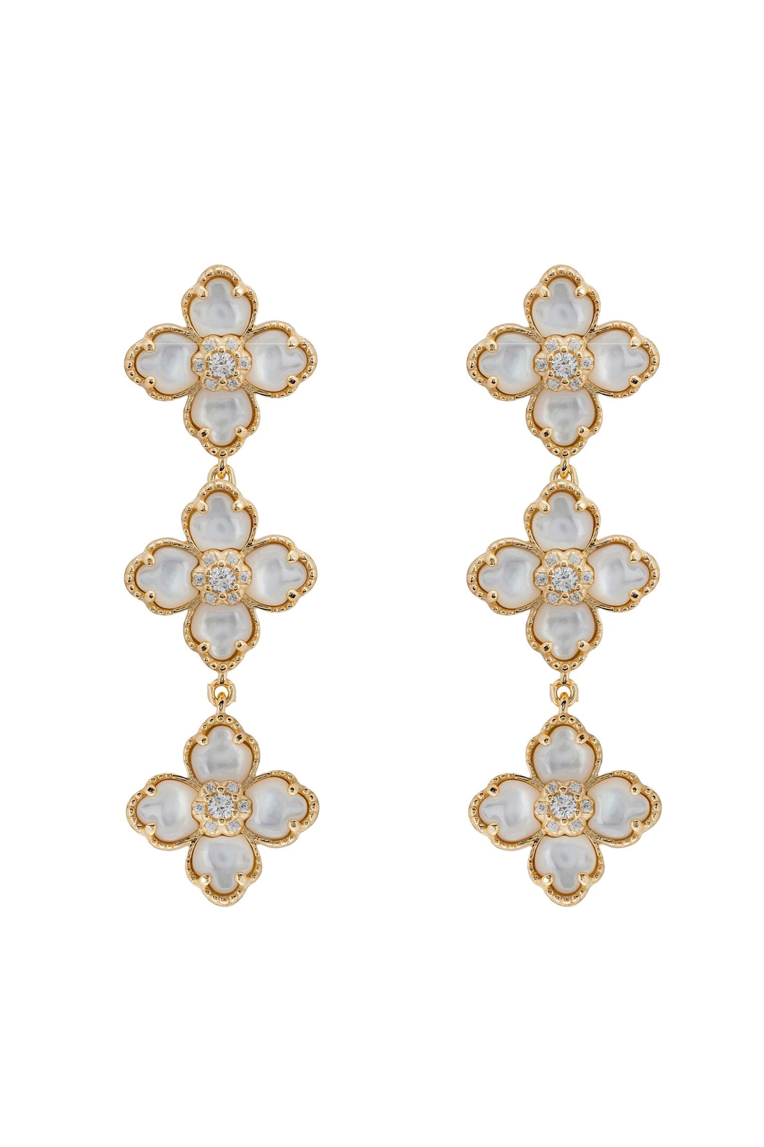 Flower Clover Triple Drop Earrings Mother Of Pearl Gold