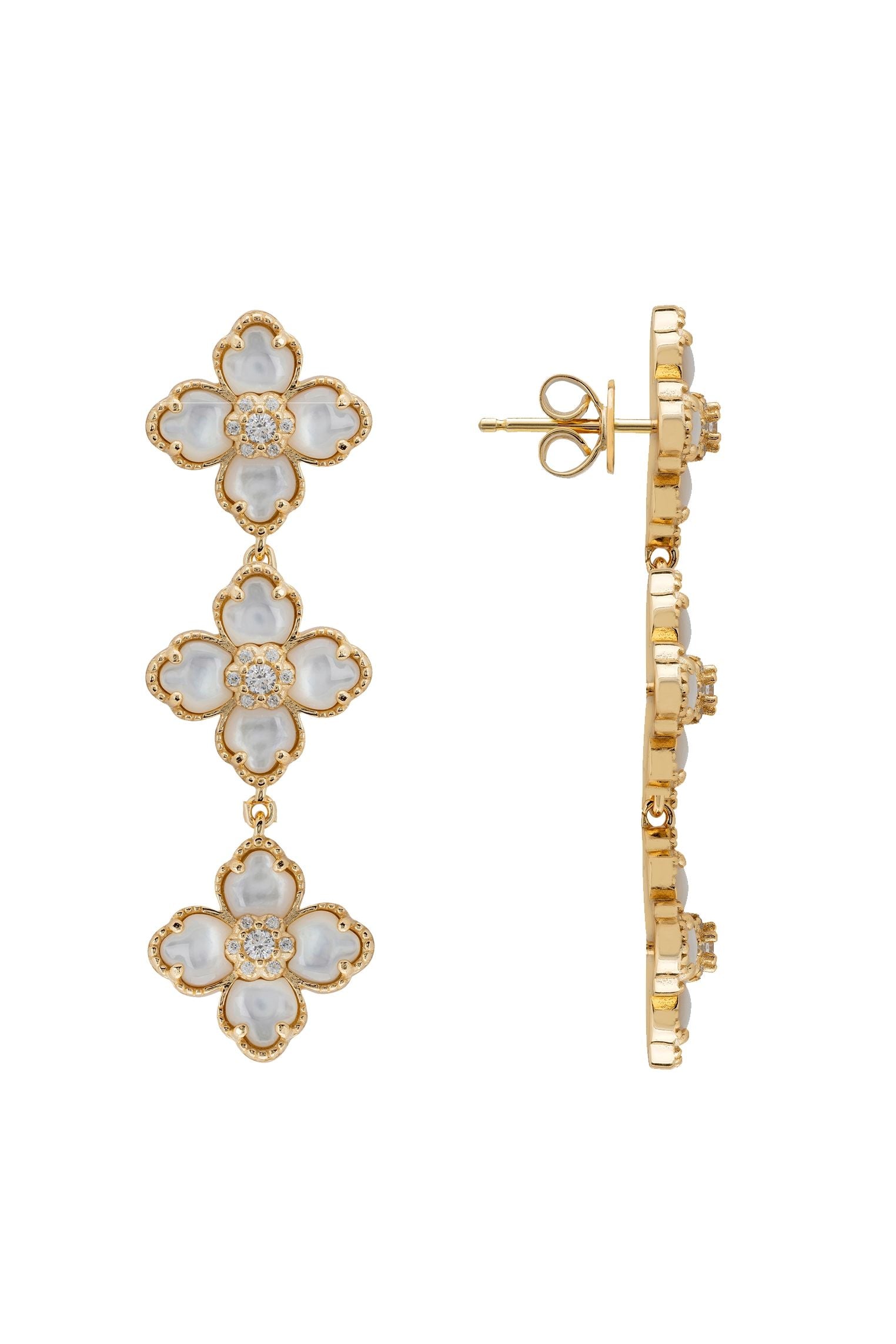 Gold floral earrings with pearl stones on a white background