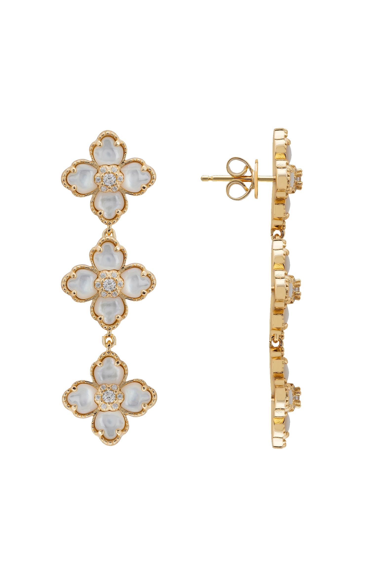 Flower Clover Triple Drop Earrings Mother Of Pearl Gold