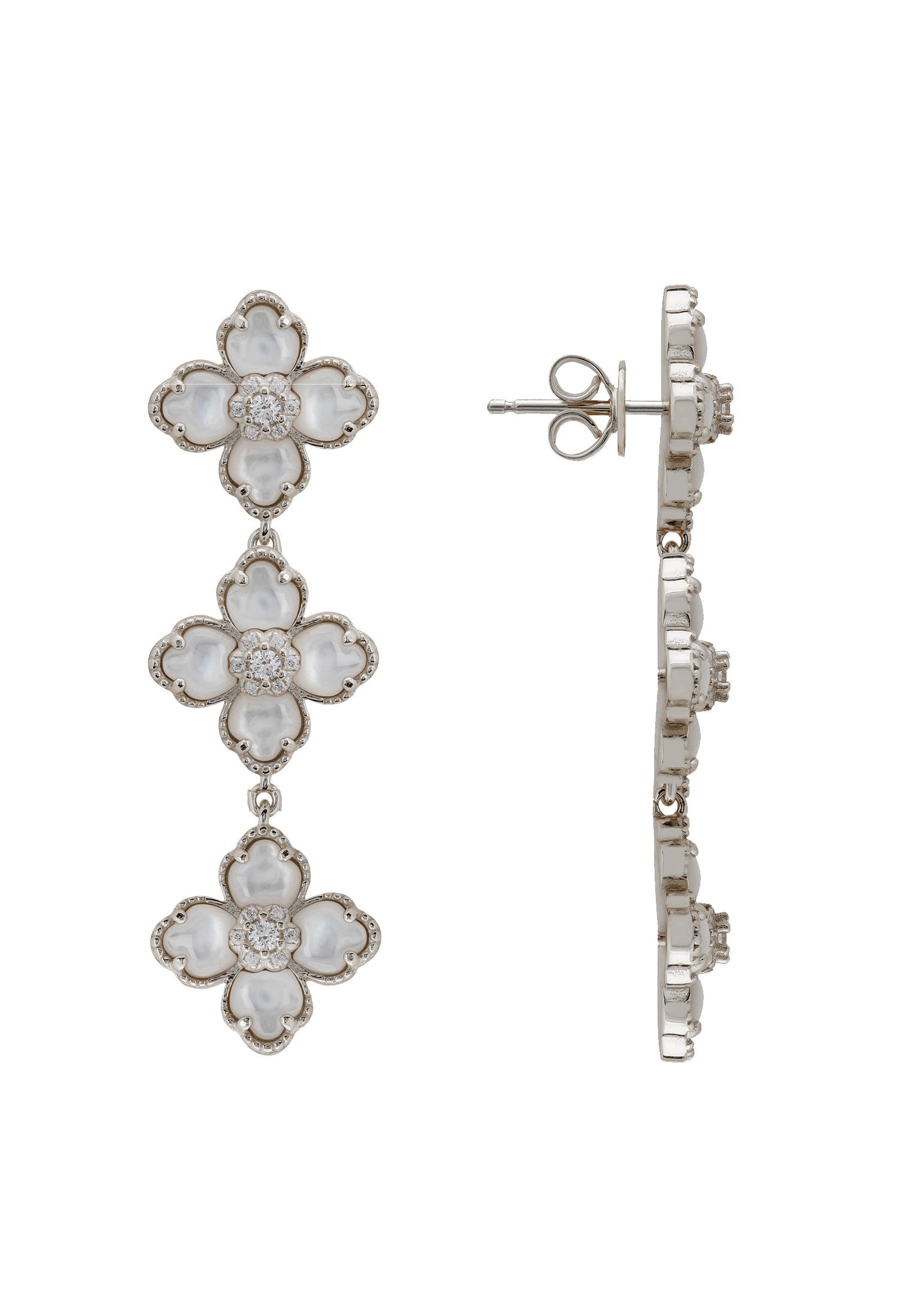Flower Clover Triple Drop Earrings Mother Of Pearl Silver