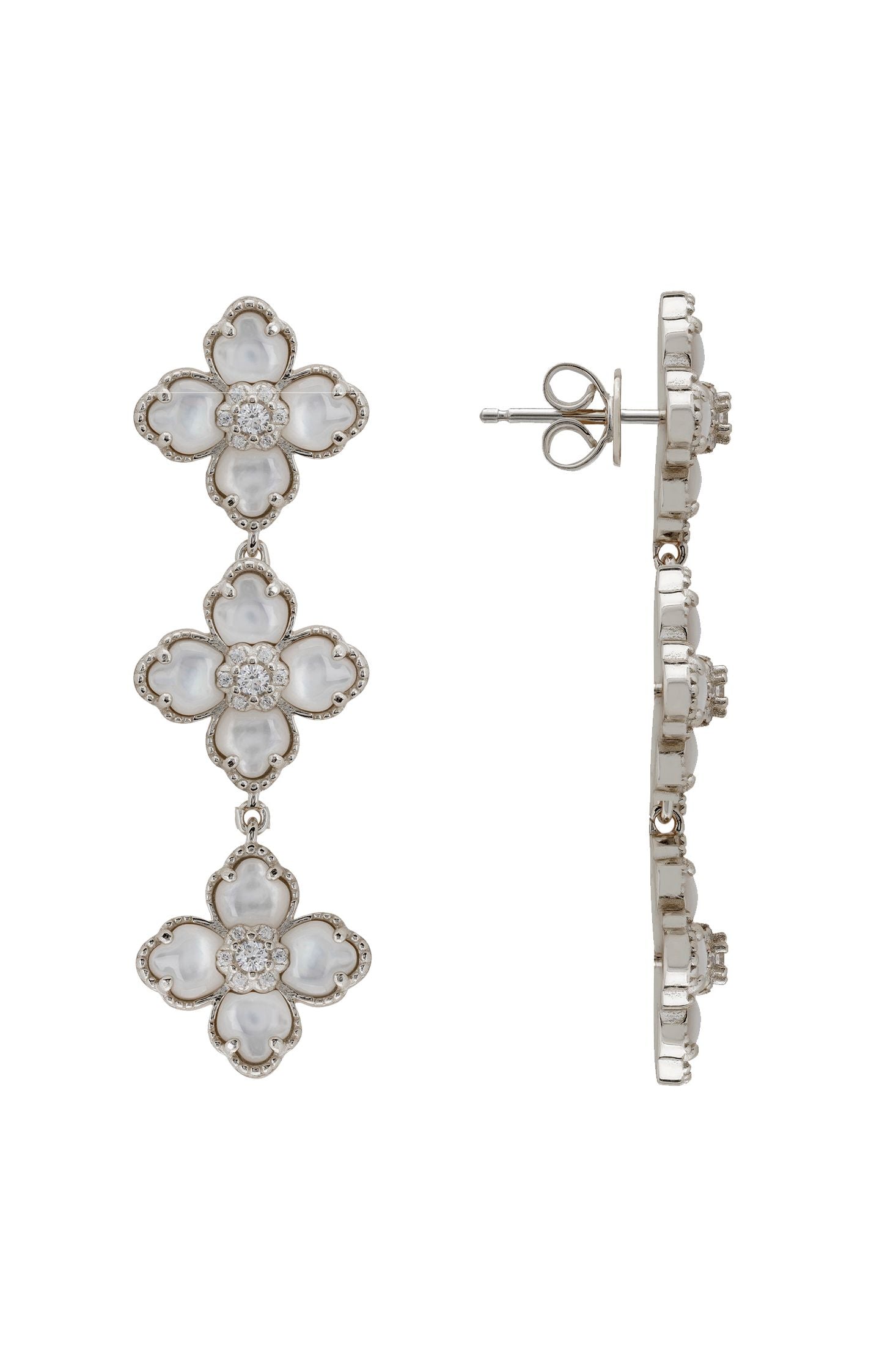 Floral earrings with white stones on a white background
