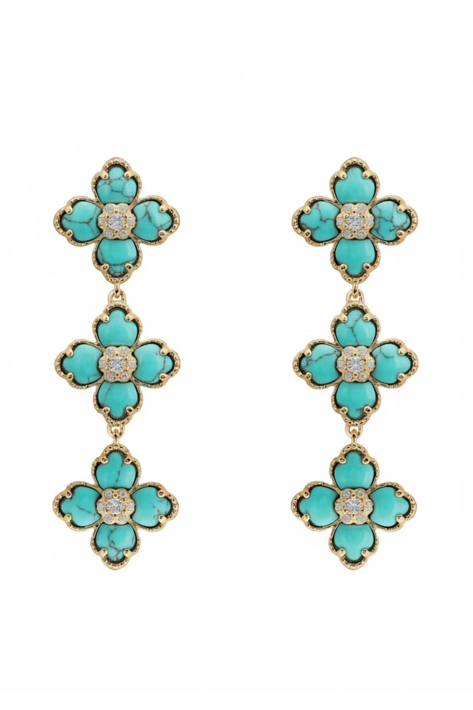 Flower Clover Triple Drop Earrings Arizona Turquoise Gold