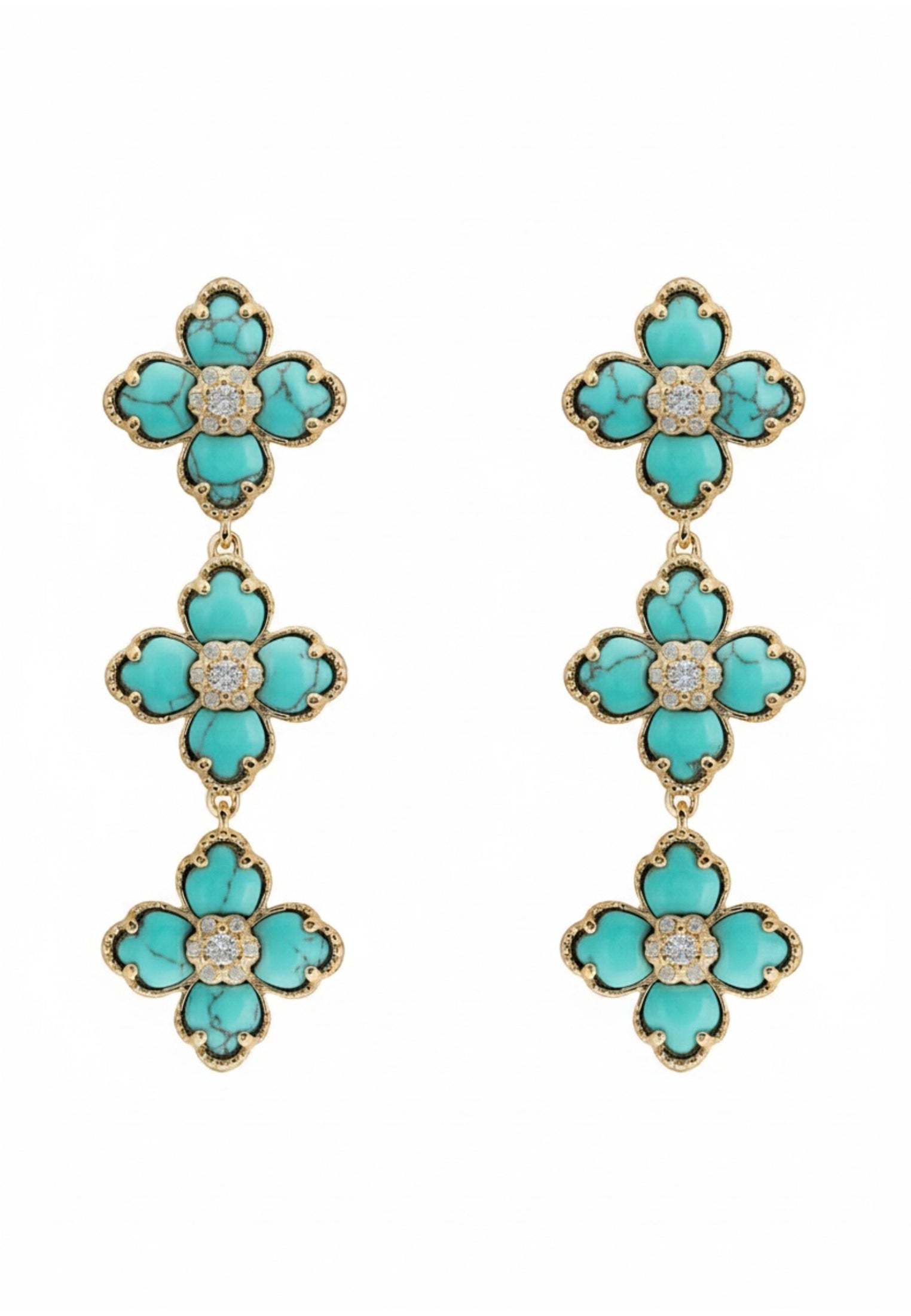 Flower Clover Triple Drop Earrings Arizona Turquoise Gold