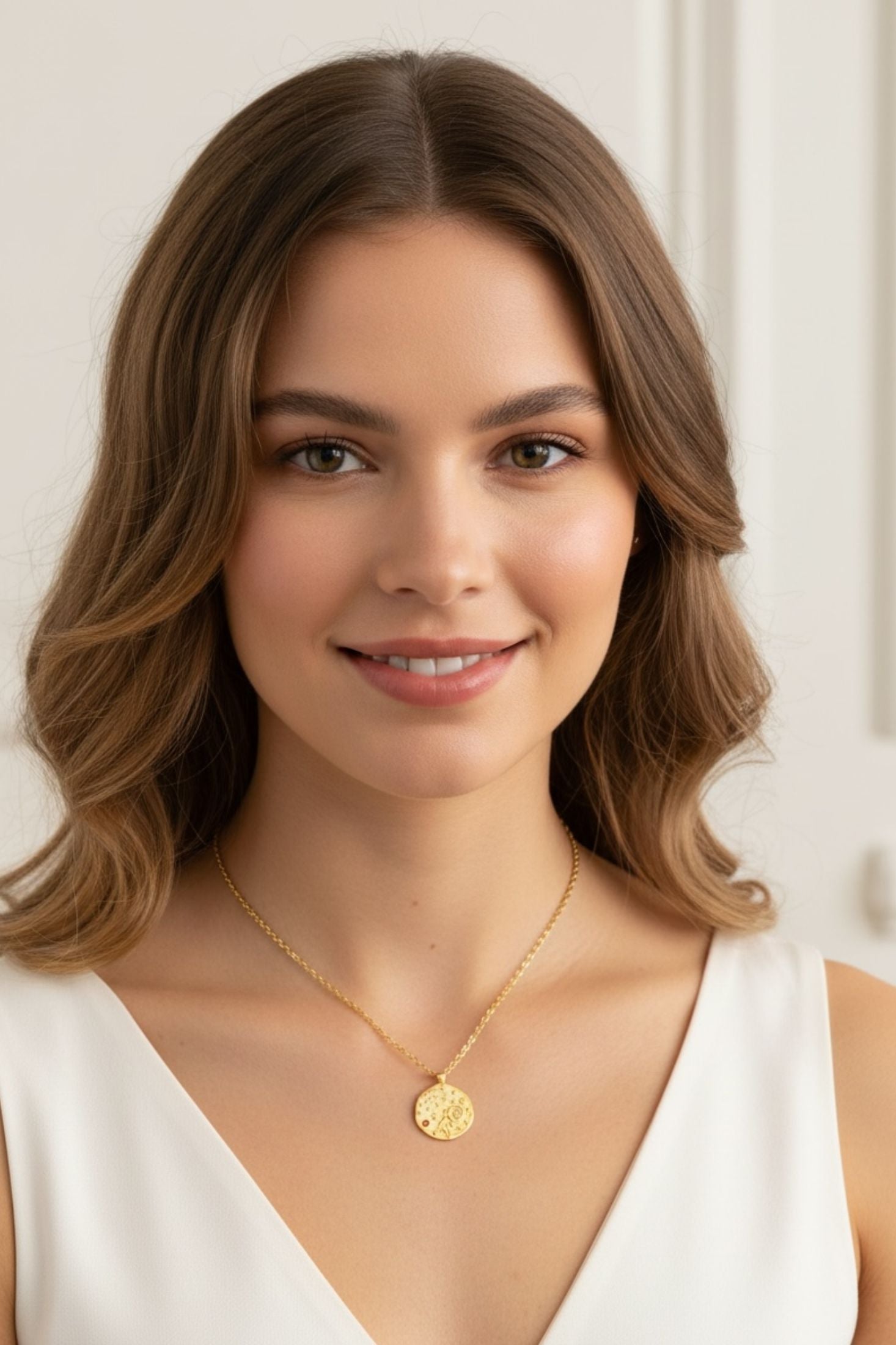 A woman wearing a gold pendant necklace