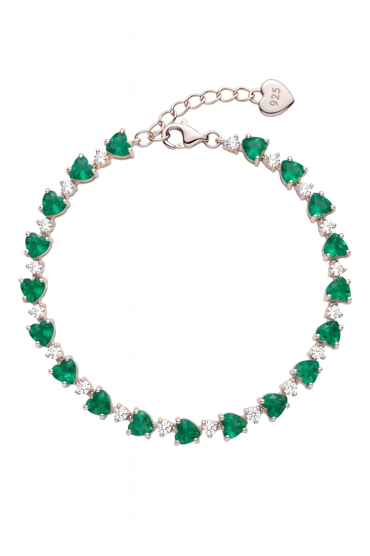A heart-shaped gemstone bracelet featuring green emerald-cut stones and small clear stones in a rose gold setting, with a lobster clasp and a heart-shaped tag engraved with '925'.