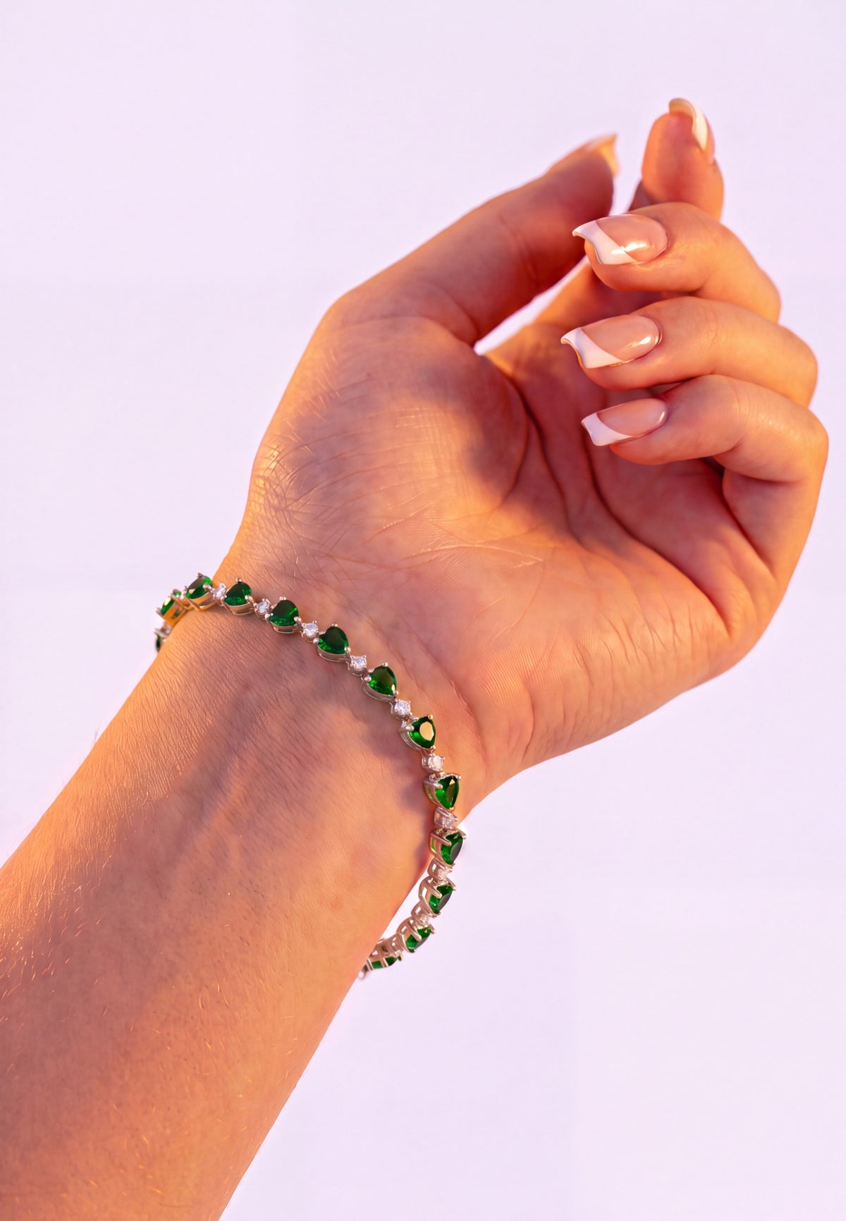 Asscher Cut Heart Tennis Bracelet Emerald Silver