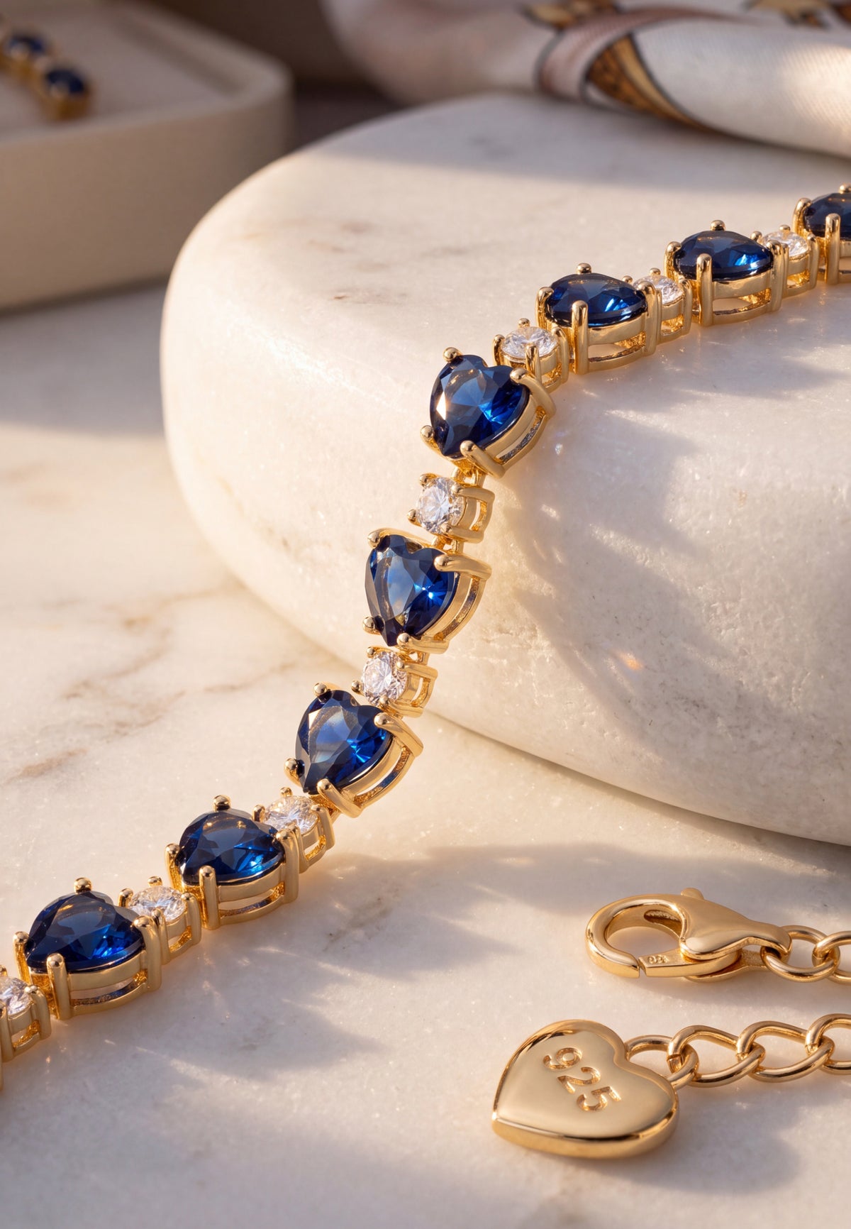 Asscher Cut Heart Tennis Bracelet Sapphire Gold