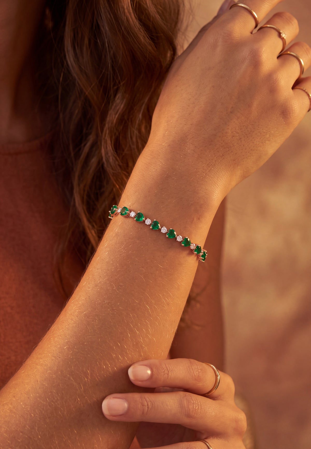 Asscher Cut Heart Tennis Bracelet Emerald Gold