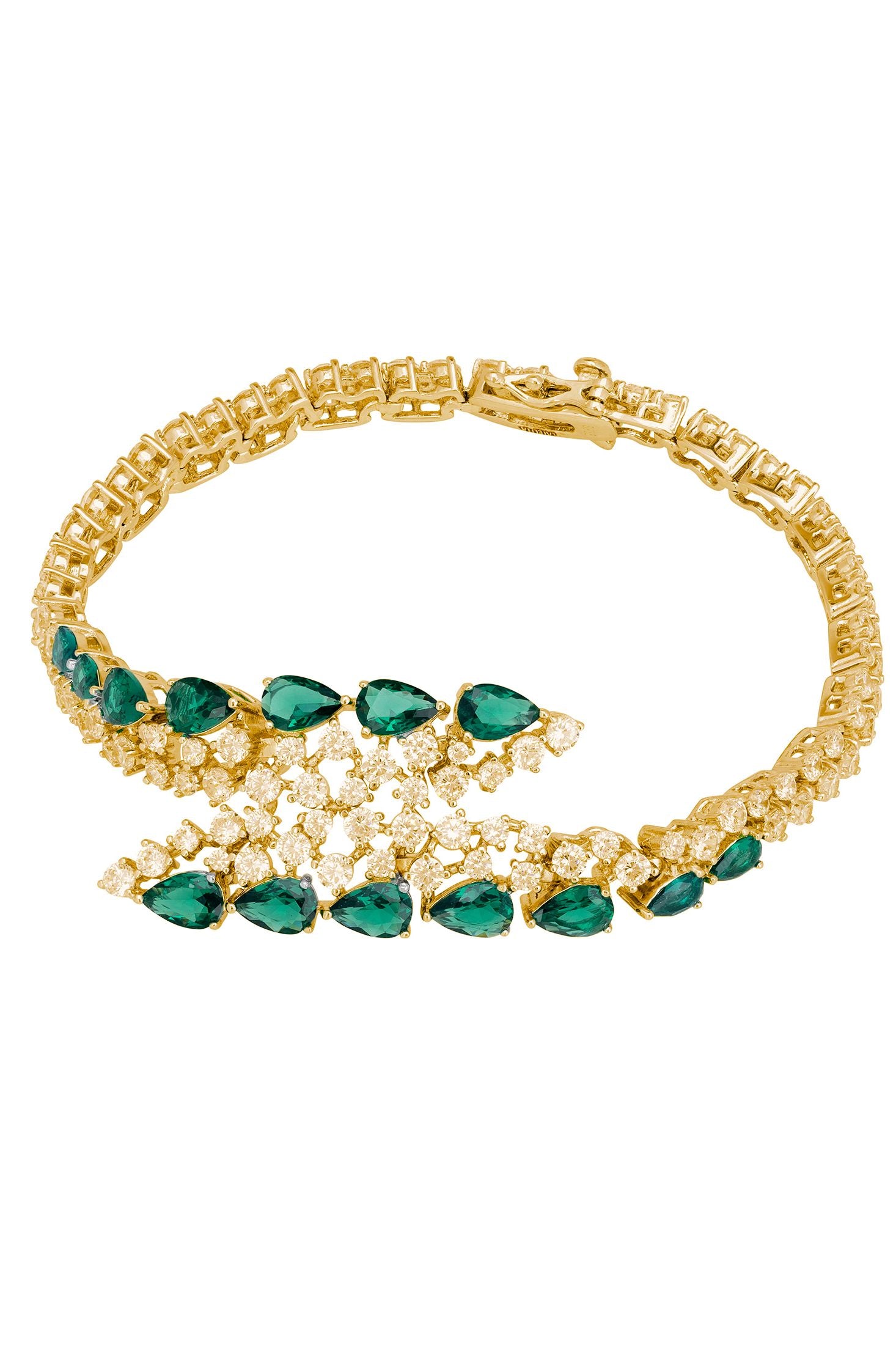 18k gold plated tennis bracelet with a central motif containing teardrop emeralds and simulated diamonds.