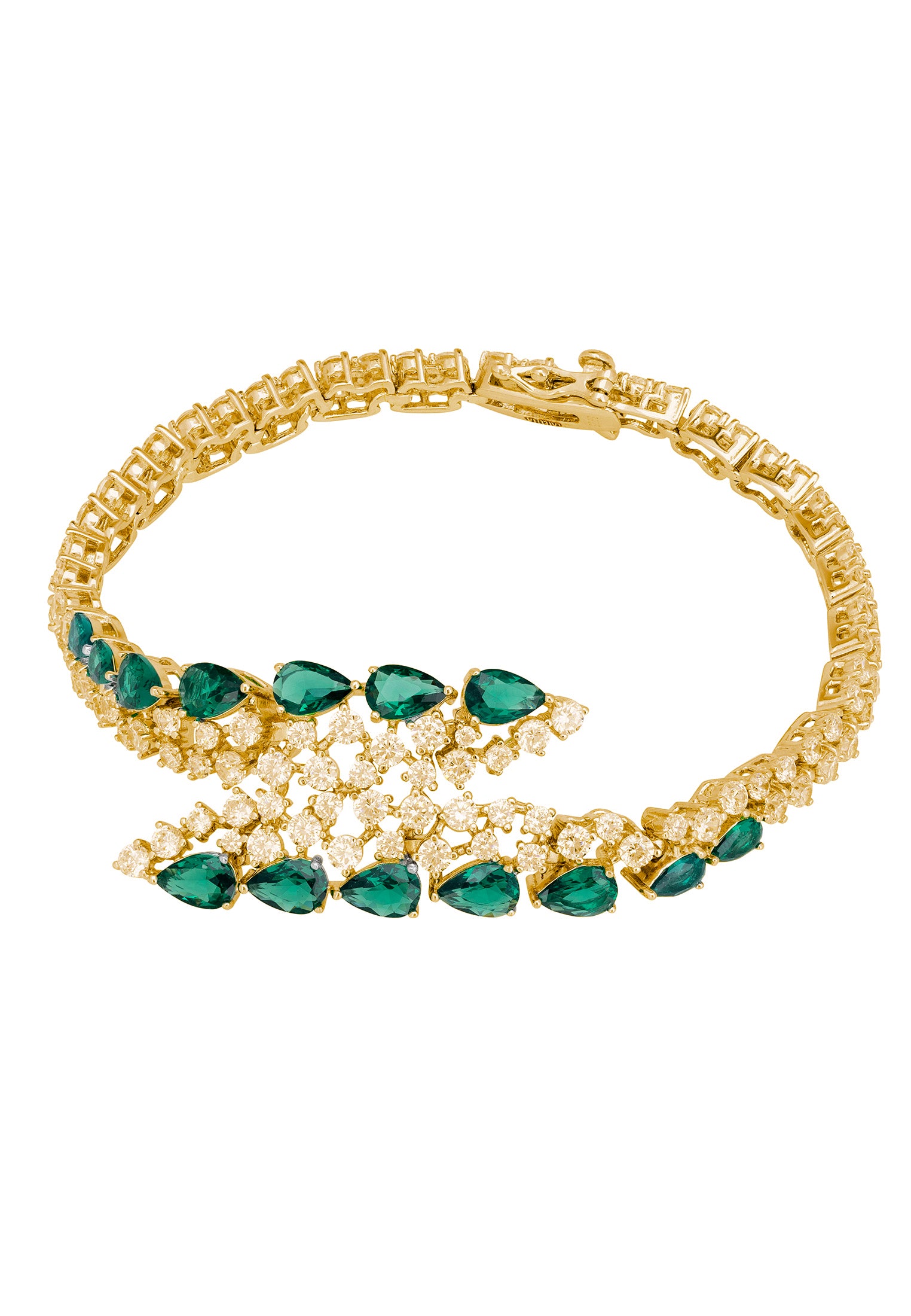 18k gold plated tennis bracelet with a central motif containing teardrop emeralds and simulated diamonds.