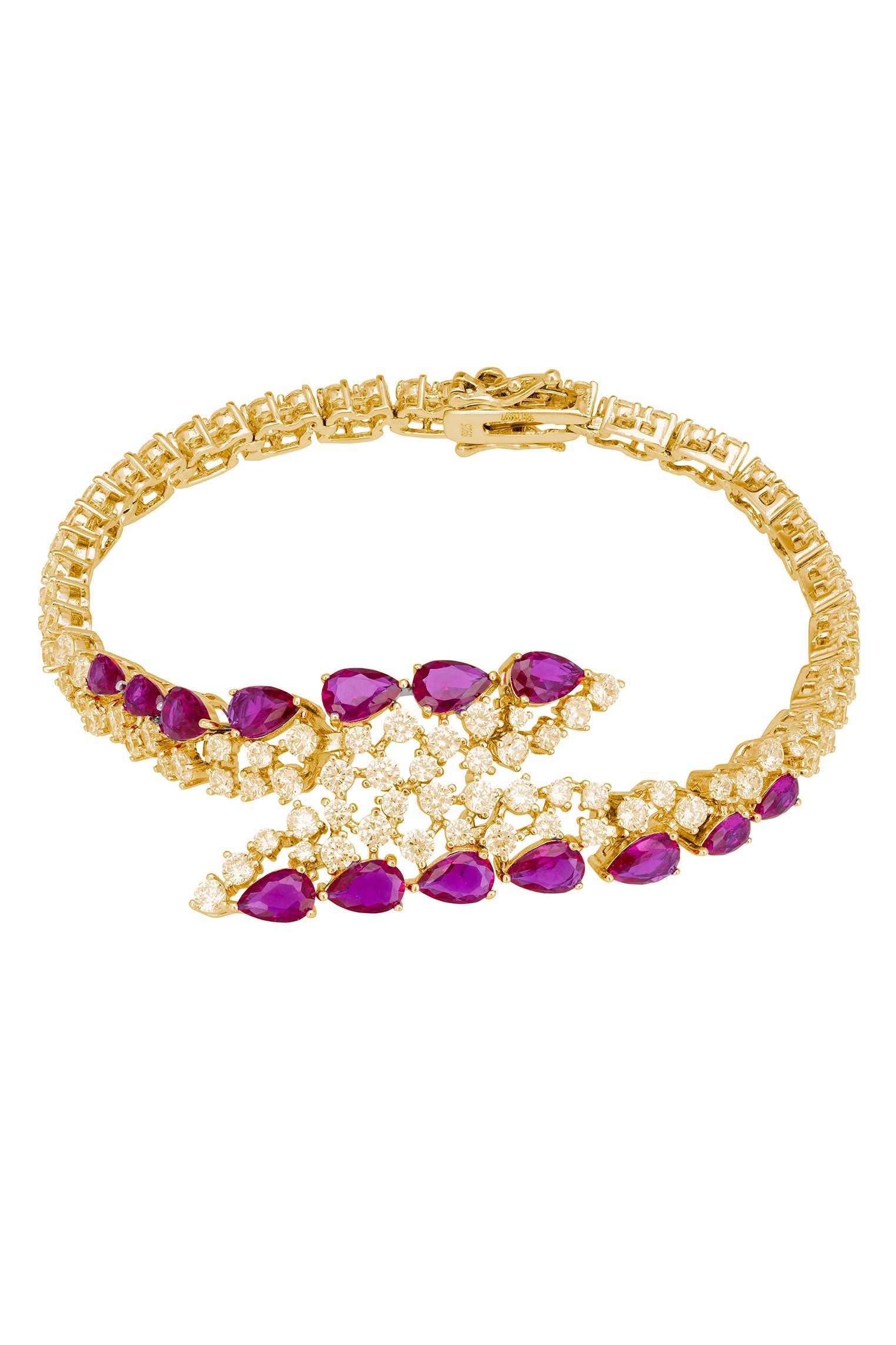 Ruby teardrops, diamond and gold bracelet.