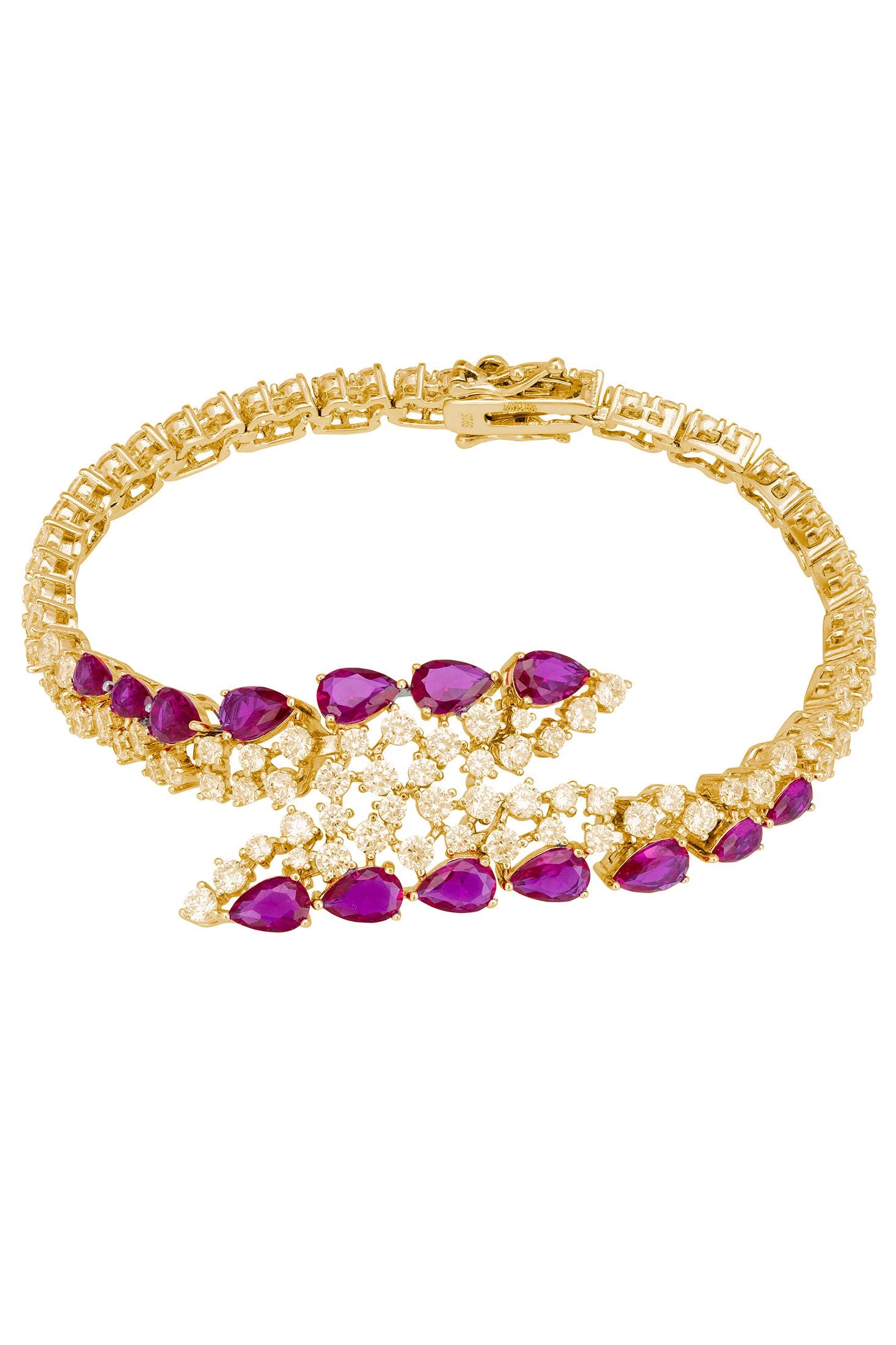 18k gold plated tennis bracelet with a central motif containing teardrop rubies and simulated diamonds.