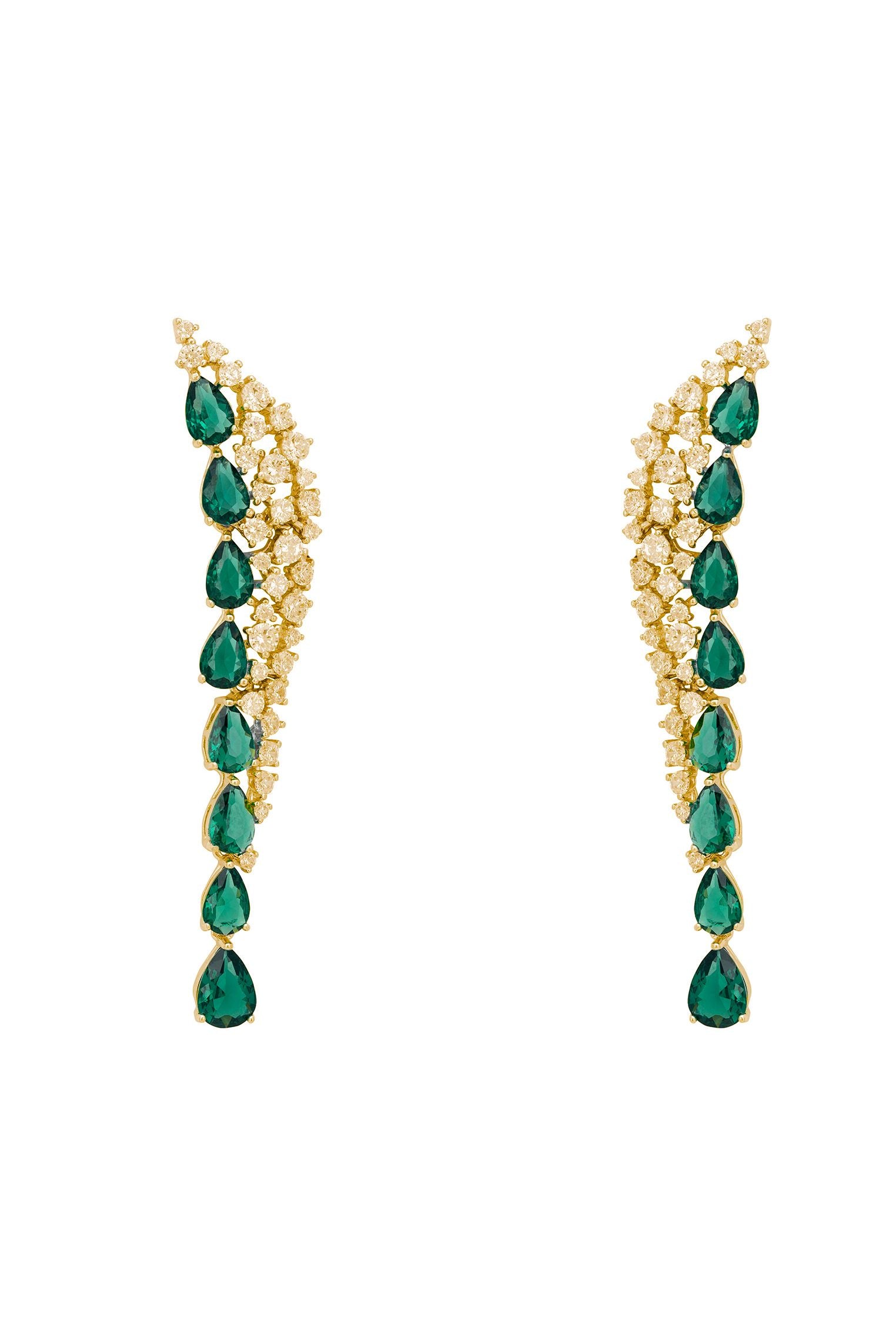 Emerald teardrops, diamond and gold earrings.