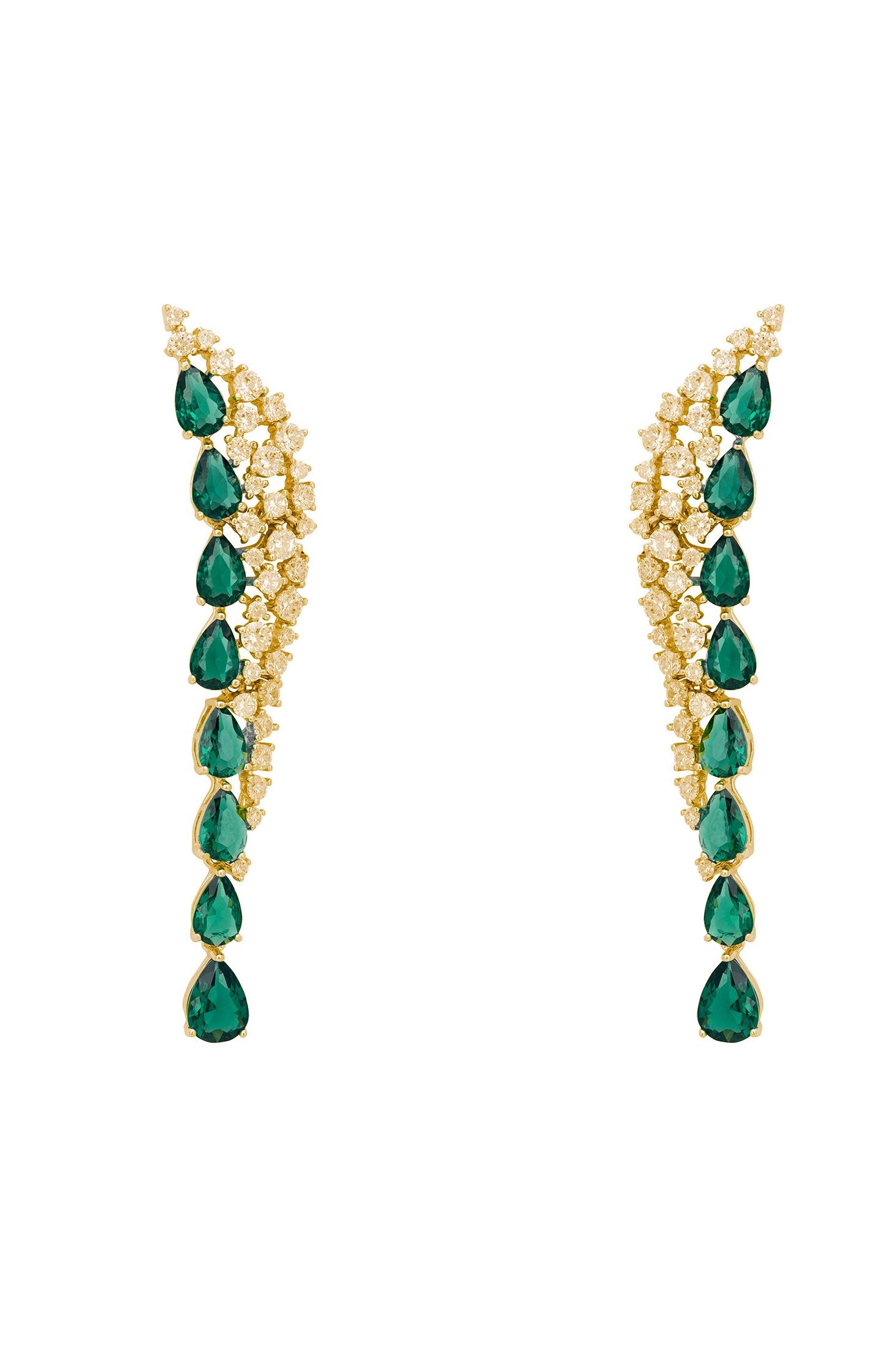 18k gold plated drop earrings with a row of teardrop emeralds accompanied by a cluster of simulated diamonds.