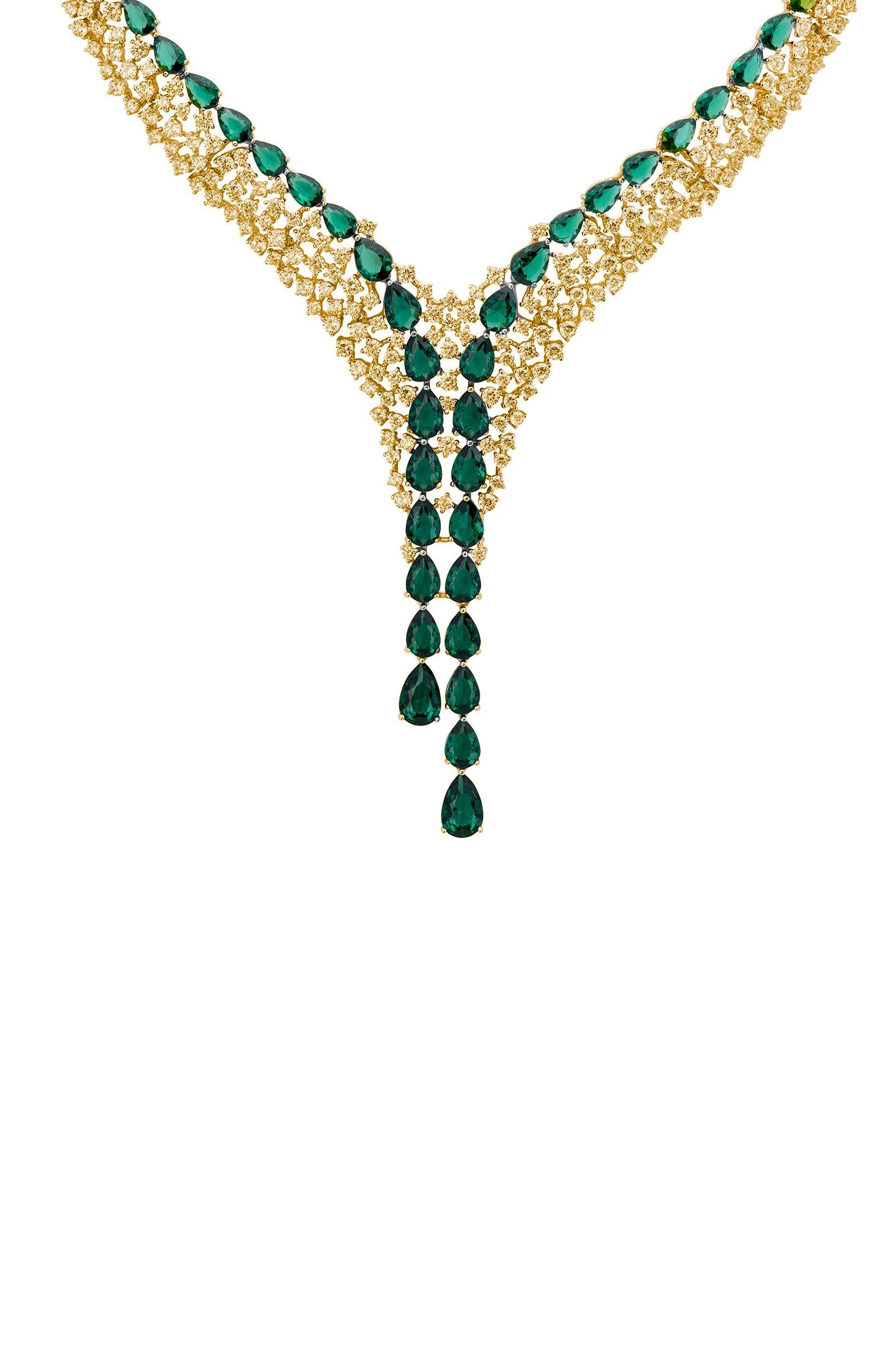 18k gold plated necklace with two rows of asymmetrically numbered teardrop emeralds accompanied by clusters of simulated diamonds.