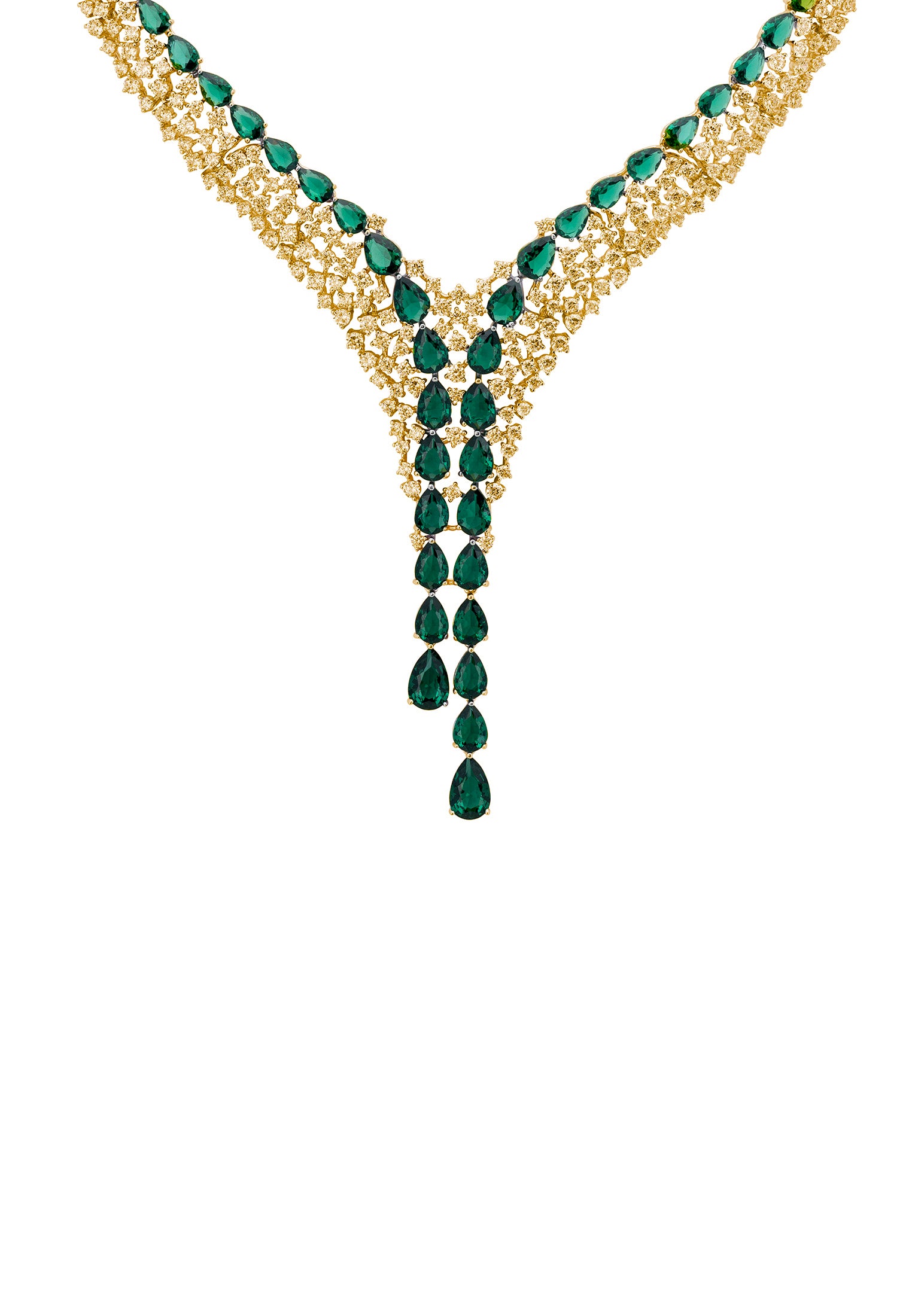 18k gold plated necklace with two rows of asymmetrically numbered teardrop emeralds accompanied by clusters of simulated diamonds.