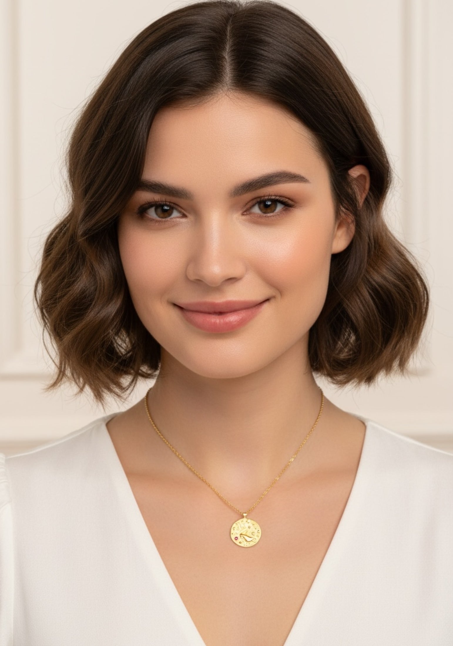 Gold pendant necklaces worn by a model.