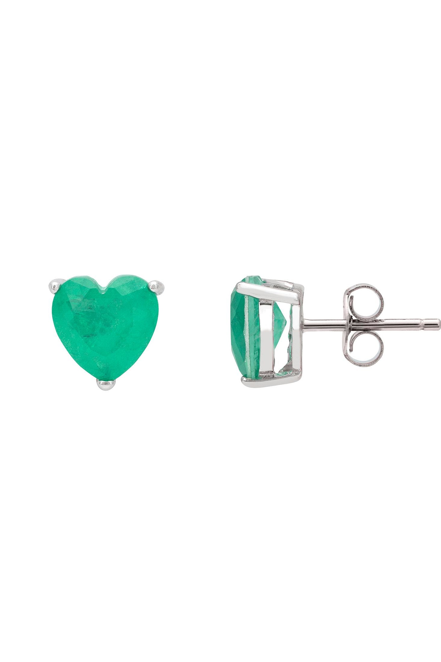 Green heart-shaped stud earrings on a white background