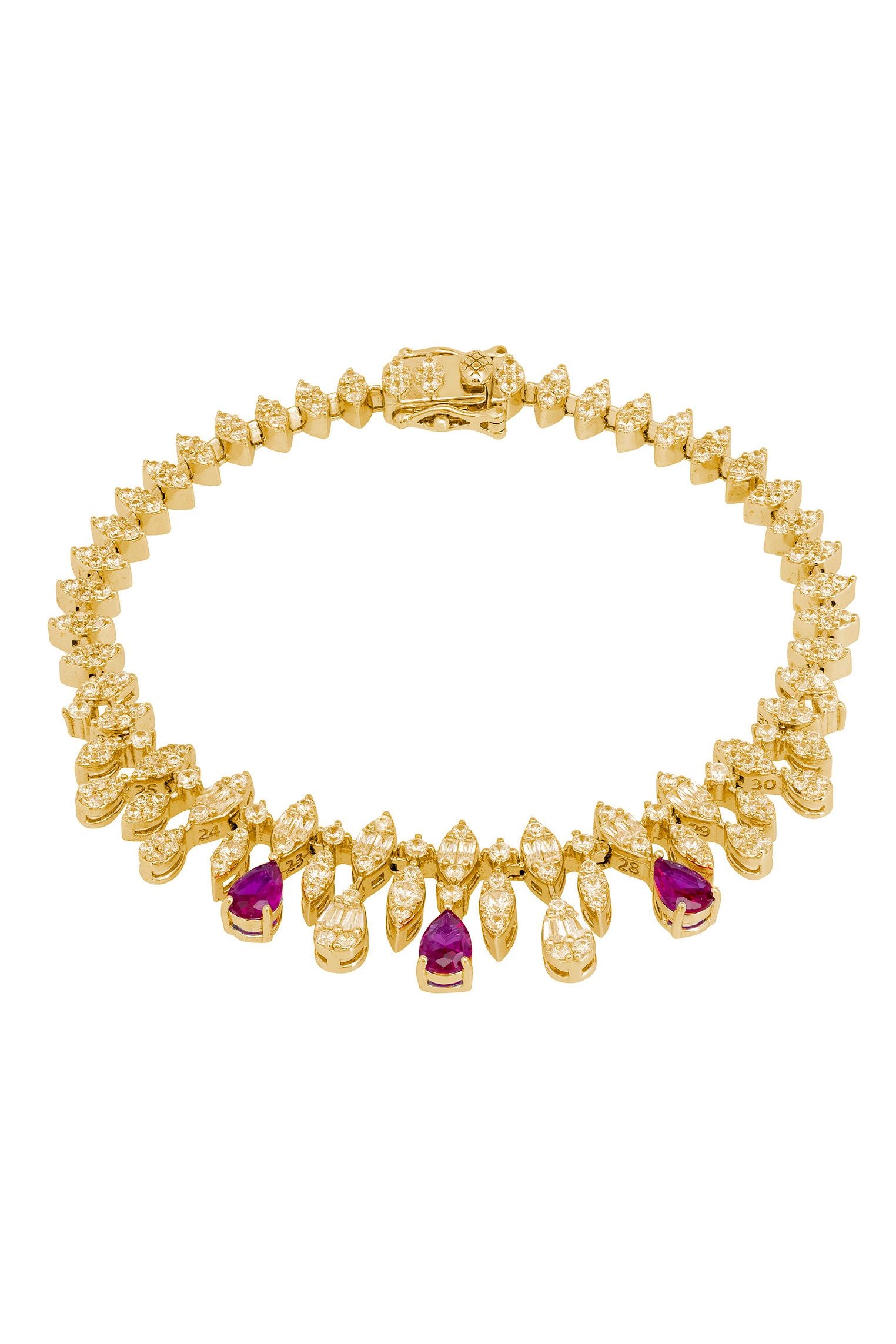Ruby teardrops, diamond and gold bracelet.