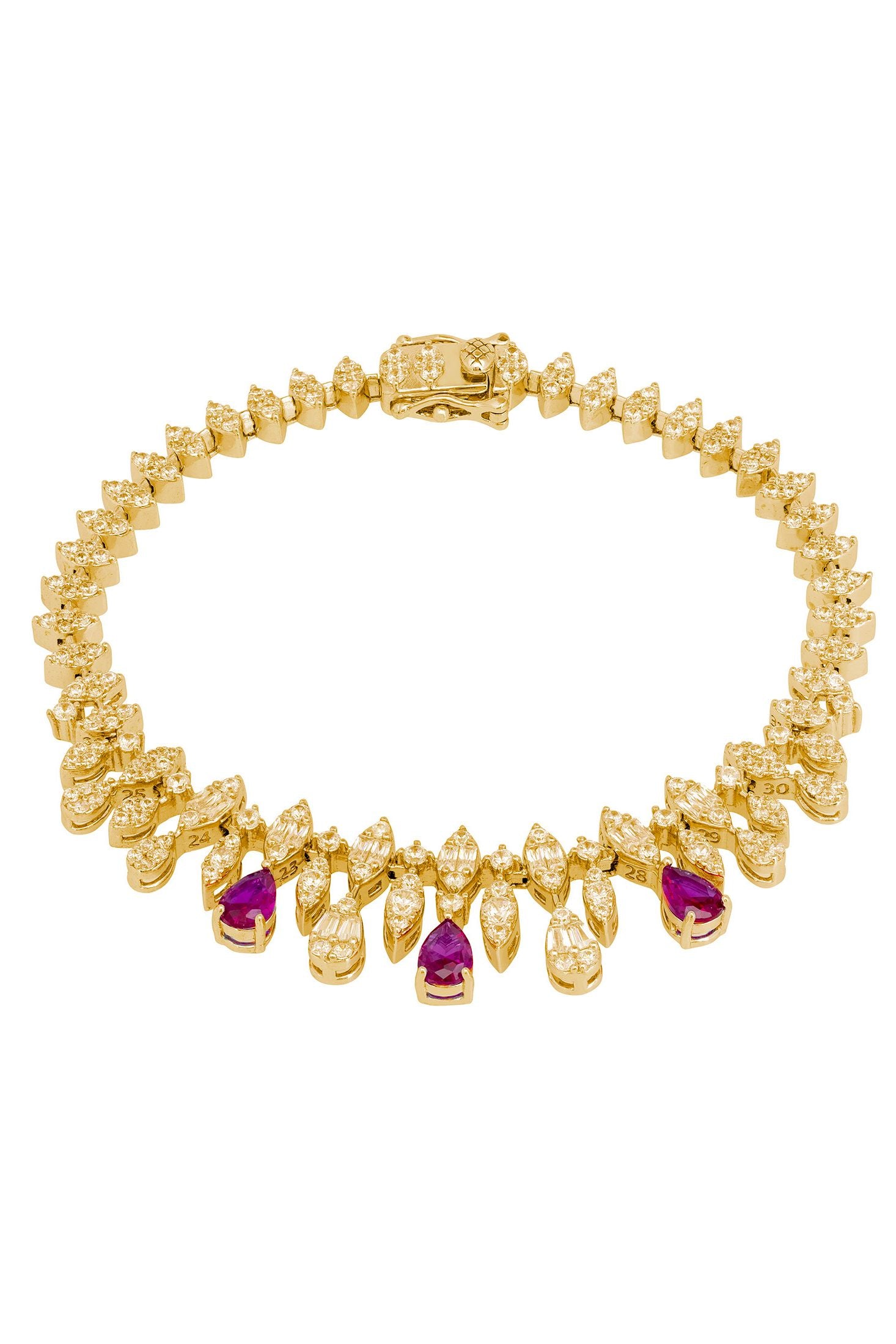 Ruby teardrops, diamond and gold bracelet.