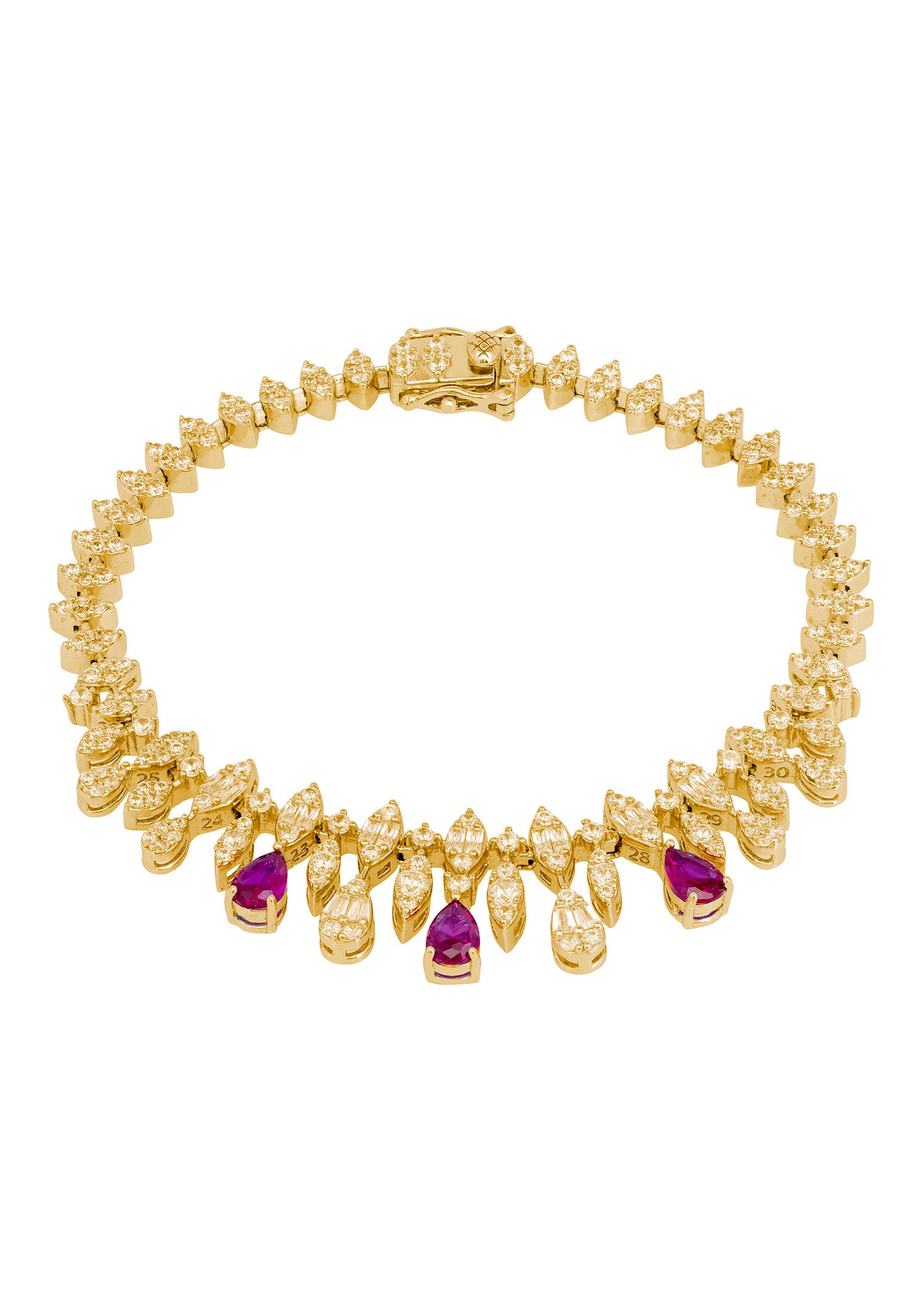 Ruby teardrops, diamond and gold bracelet.