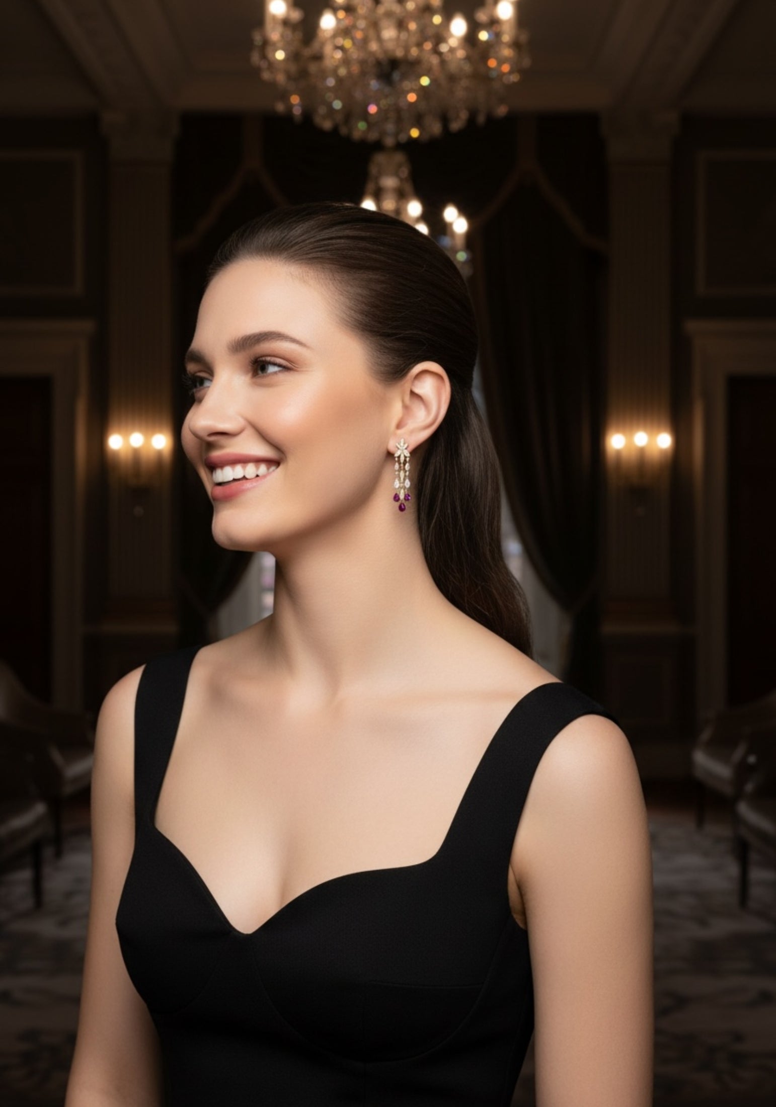 The earring worn by a model.