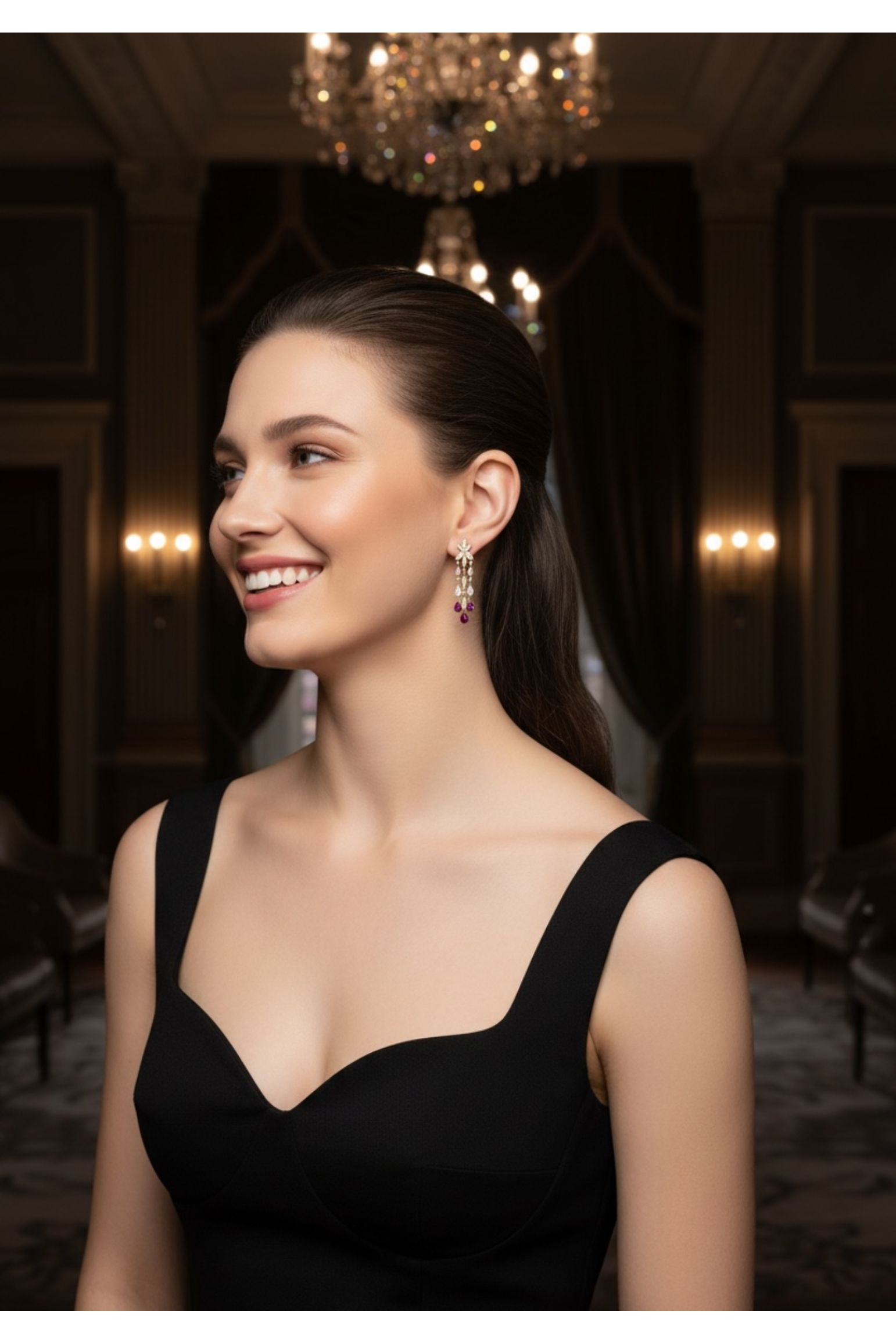 The earring worn by a model.