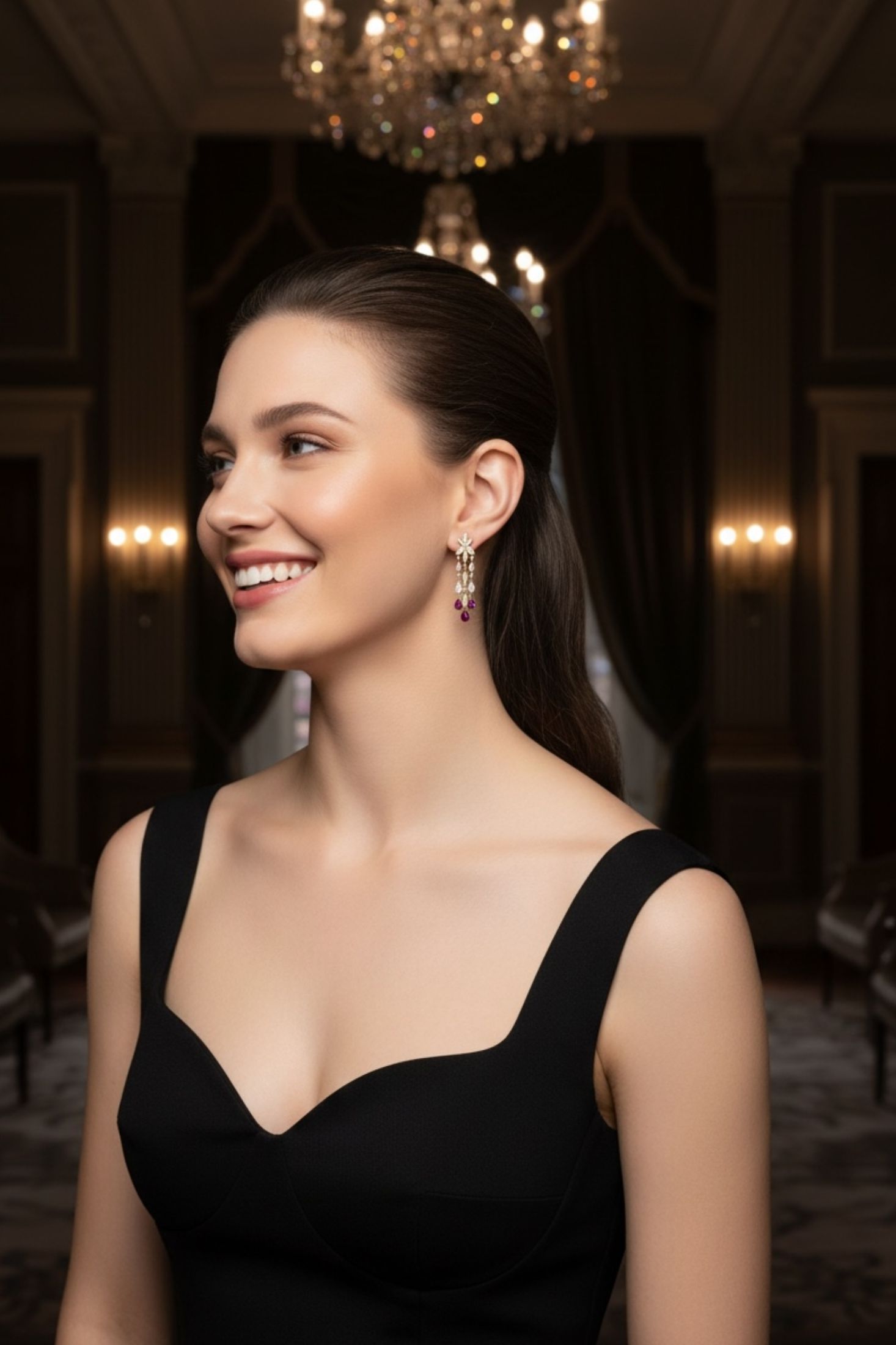 The earring worn by a model.