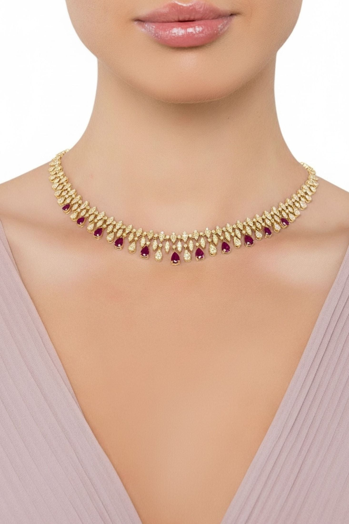 The necklace worn by a model.
