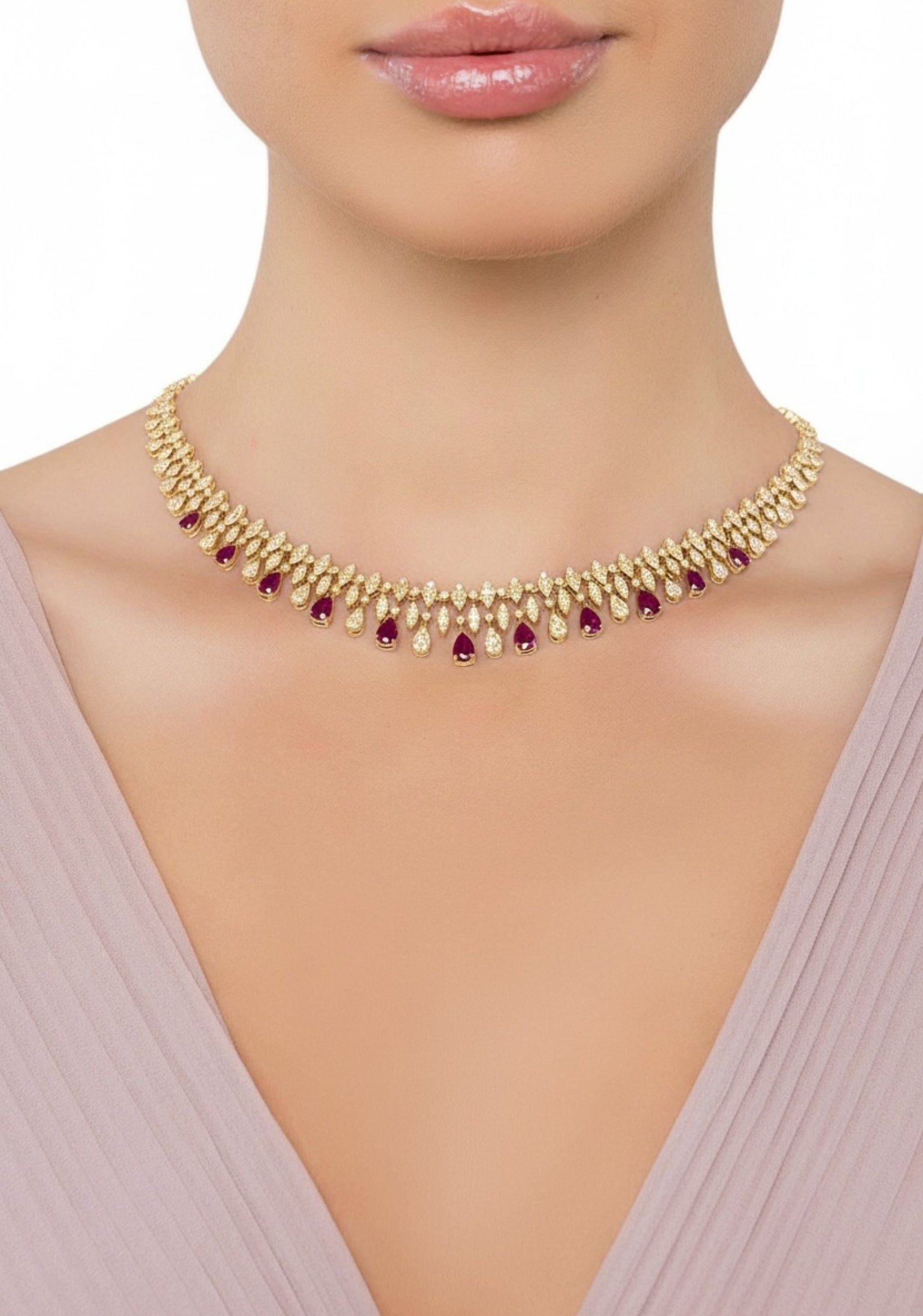 The necklace worn by a model.
