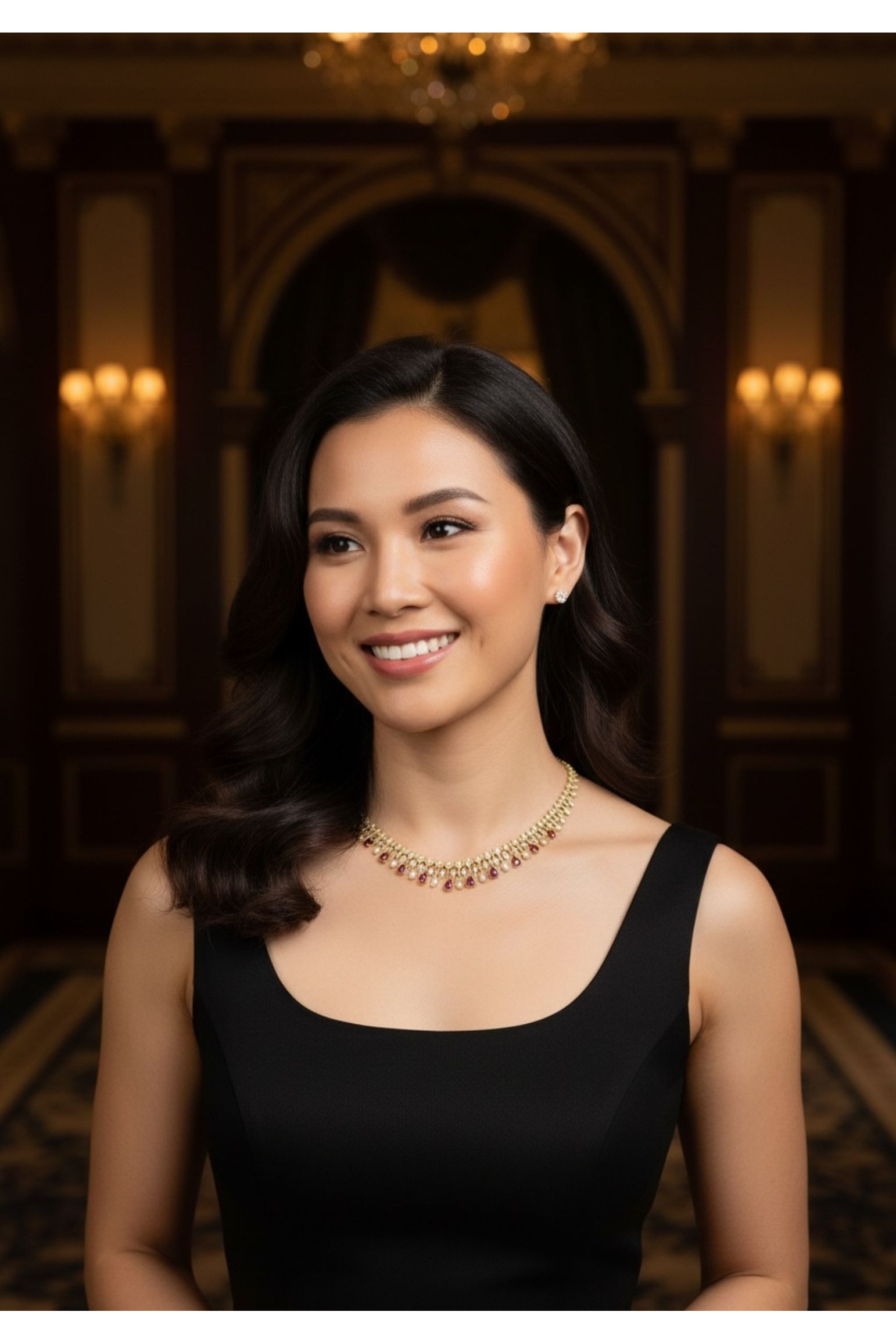 The necklace worn by a model.