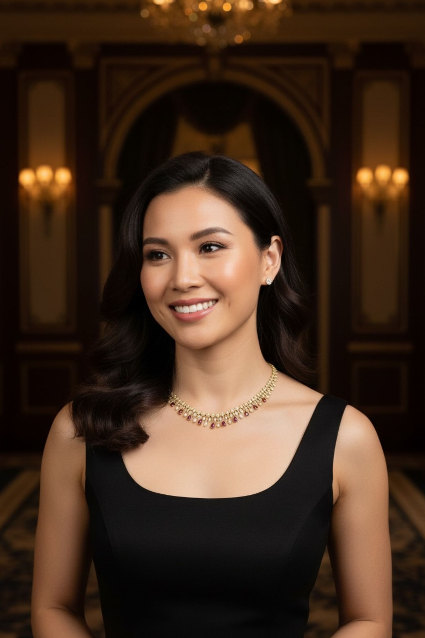 The necklace worn by a model.