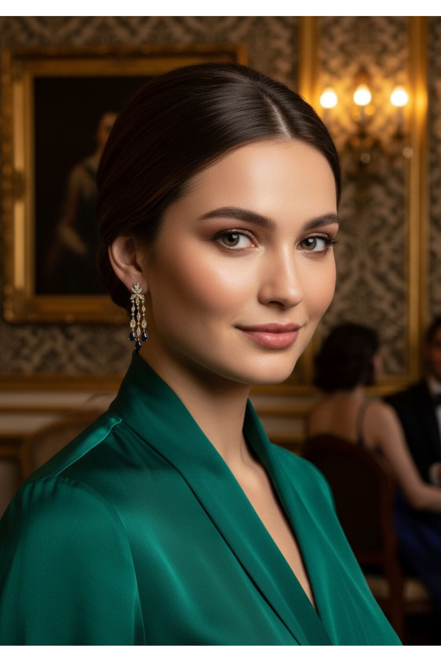 The earring worn by a model.