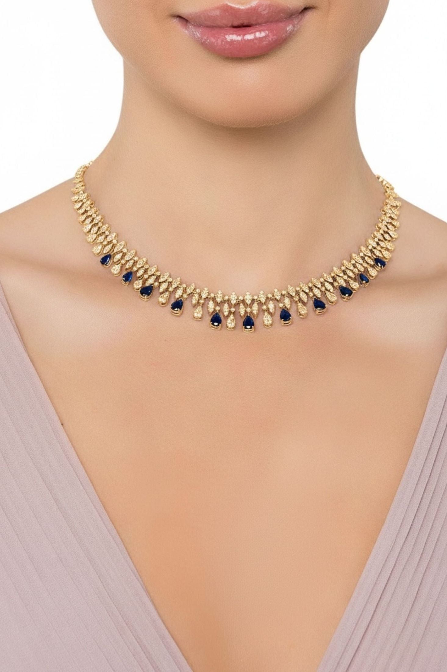 The necklace worn by a model.