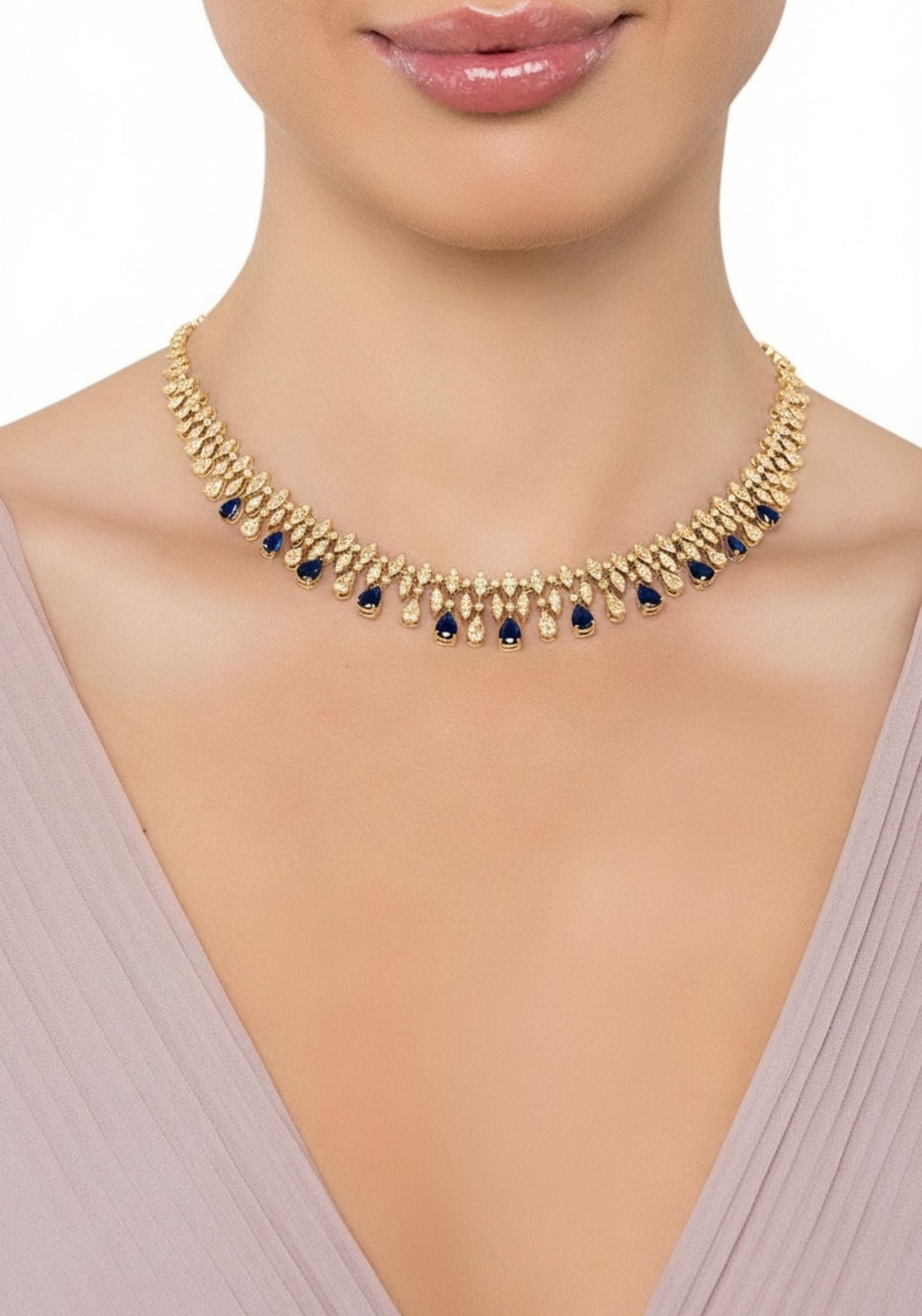 The necklace worn by a model.