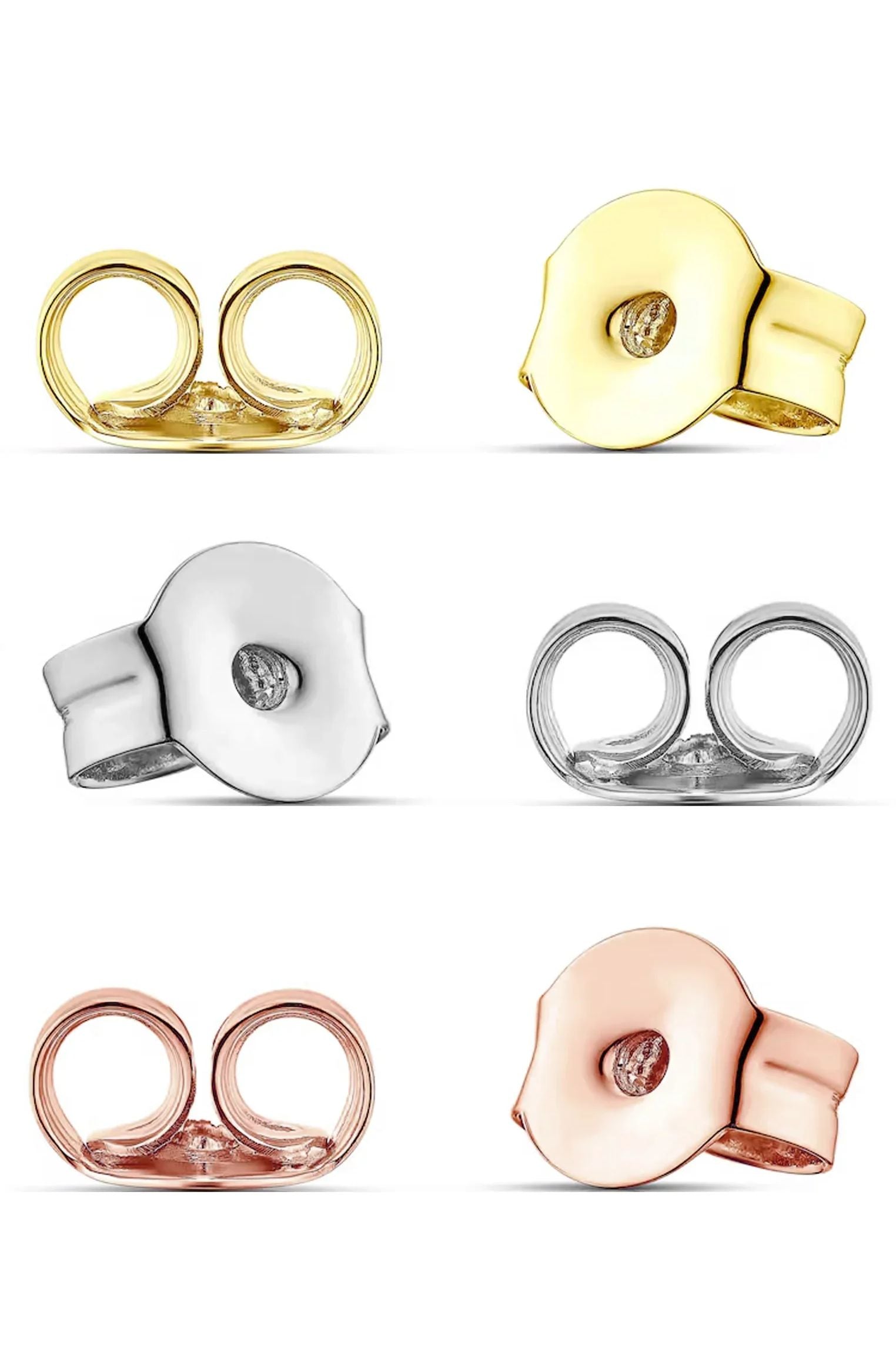 Set of gold, silver, and rose gold butterfly backs.