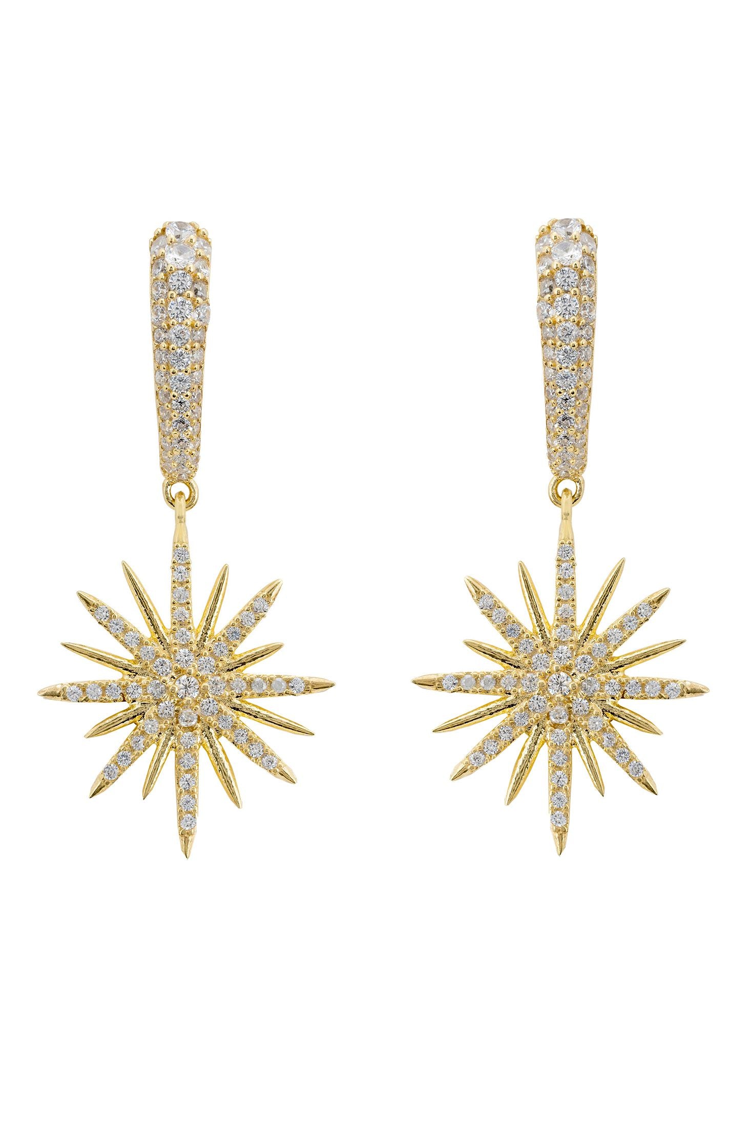 Gold star-shaped earrings with silver gemstones on a white background
